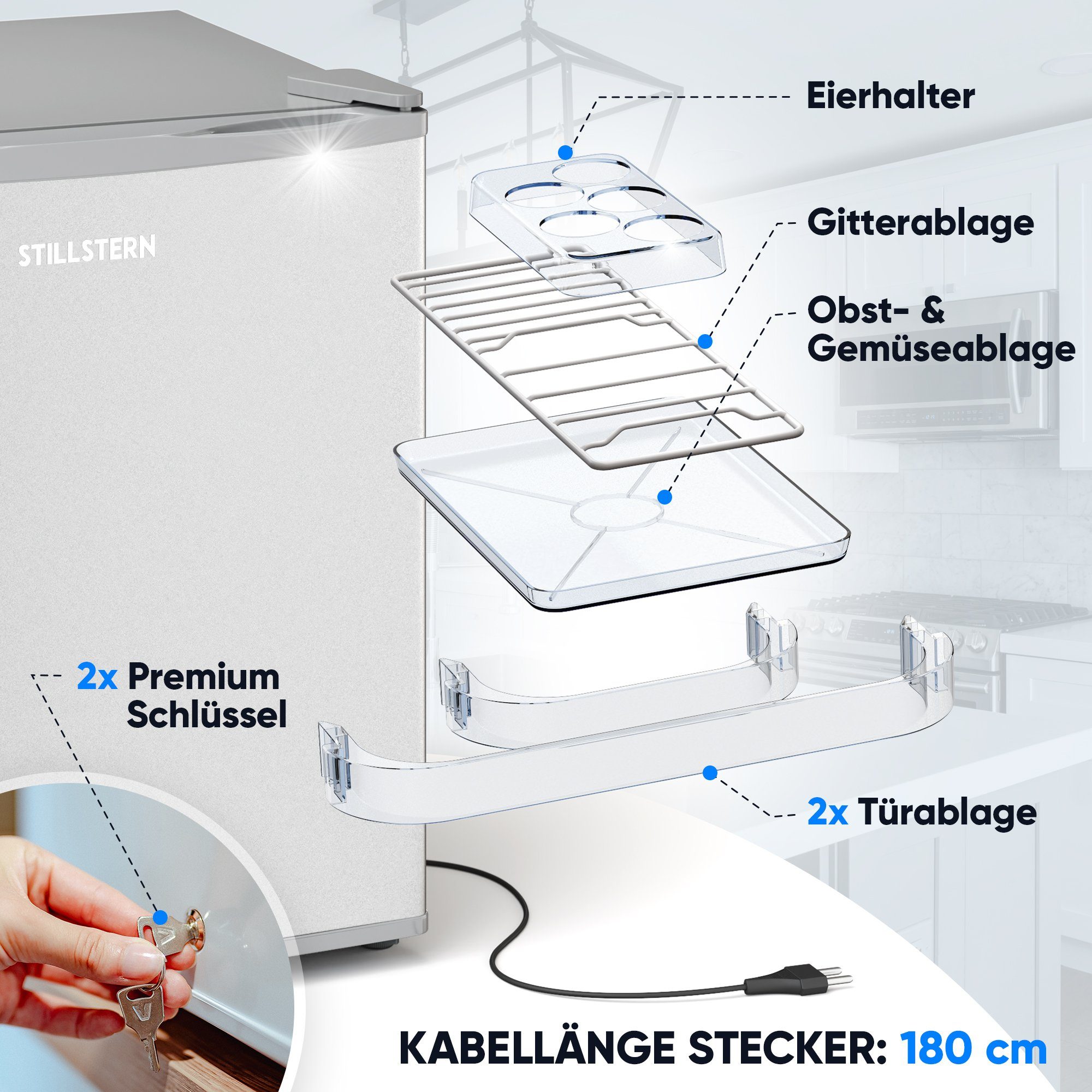 Stillstern Table Top Kühlschrank KB 46.2, 45 cm hoch, 51 cm breit, Mini Kühlschrank E 45L mit Abtauautomatik