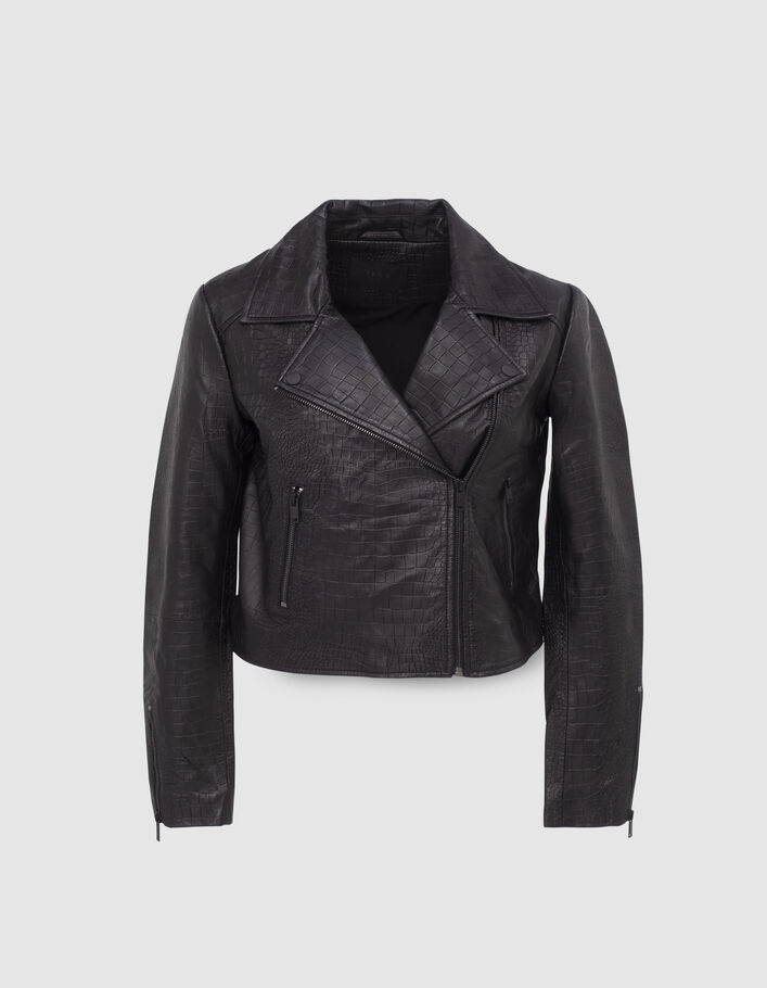 Veste en cuir noir esprit motard embossé croco Femme