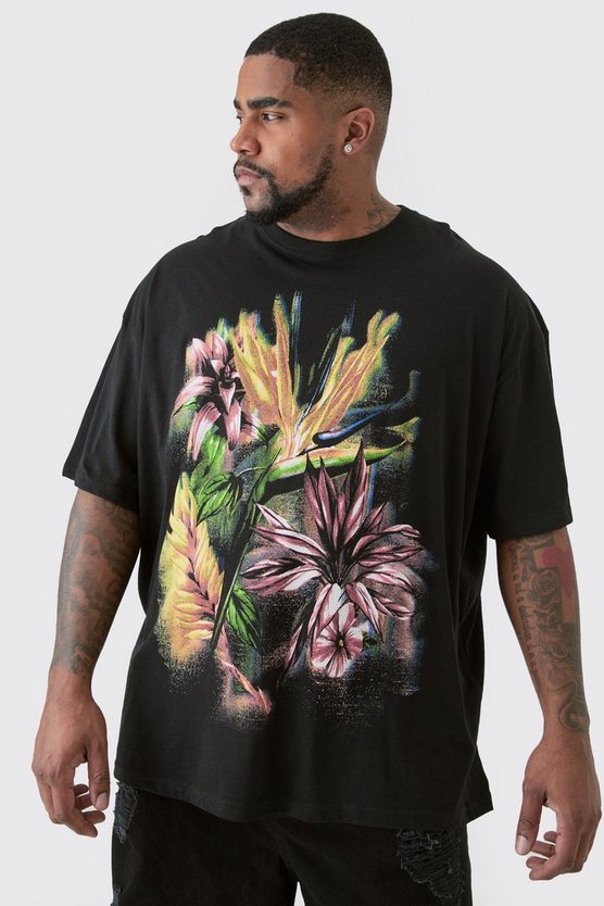 Plus schwarzes Oversize T-Shirt mit floralem Print