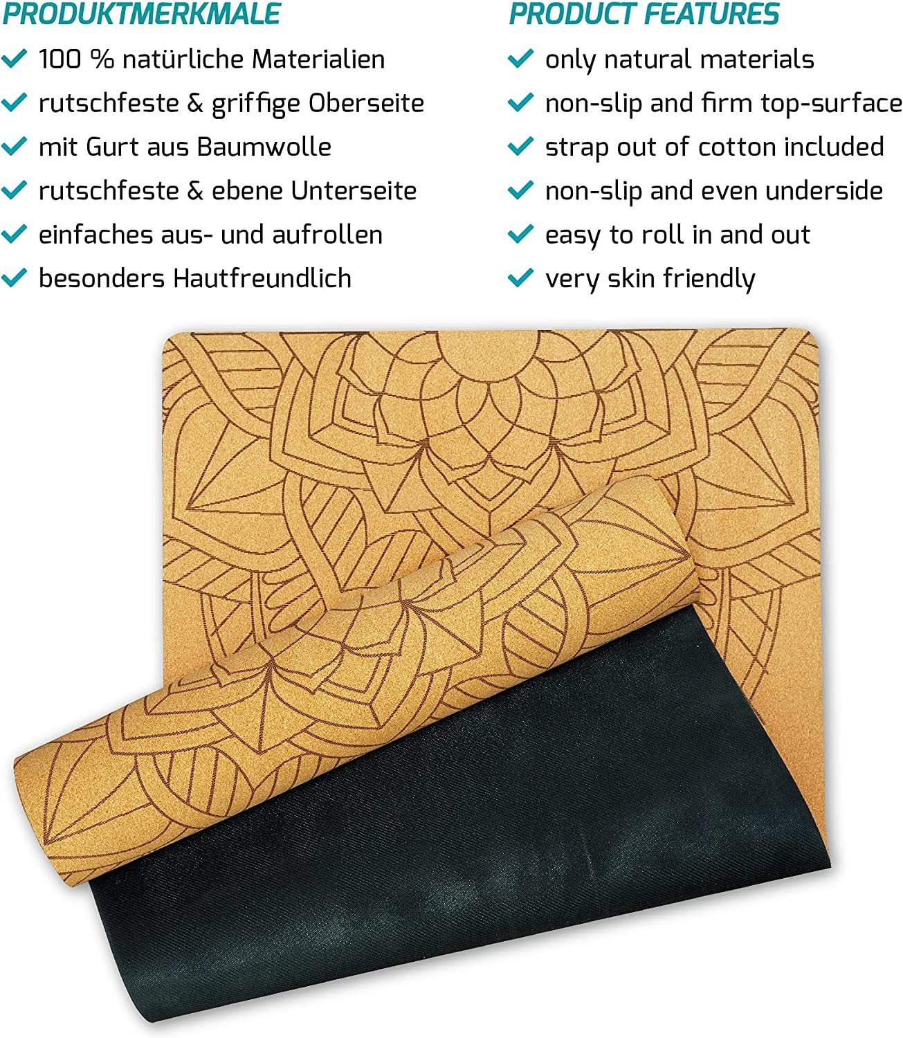 BANTERS Yogamatte aus Kork und Naturkautschuk, 100% recyclebar, 183x61x0,5 cm, mit Gurt aus Baumwolle