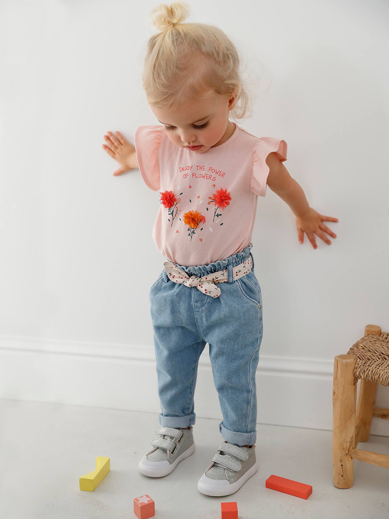 Vertbaudet Mädchen Baby T-Shirt, 3D-Blumen Oeko-Tex - wollweiß