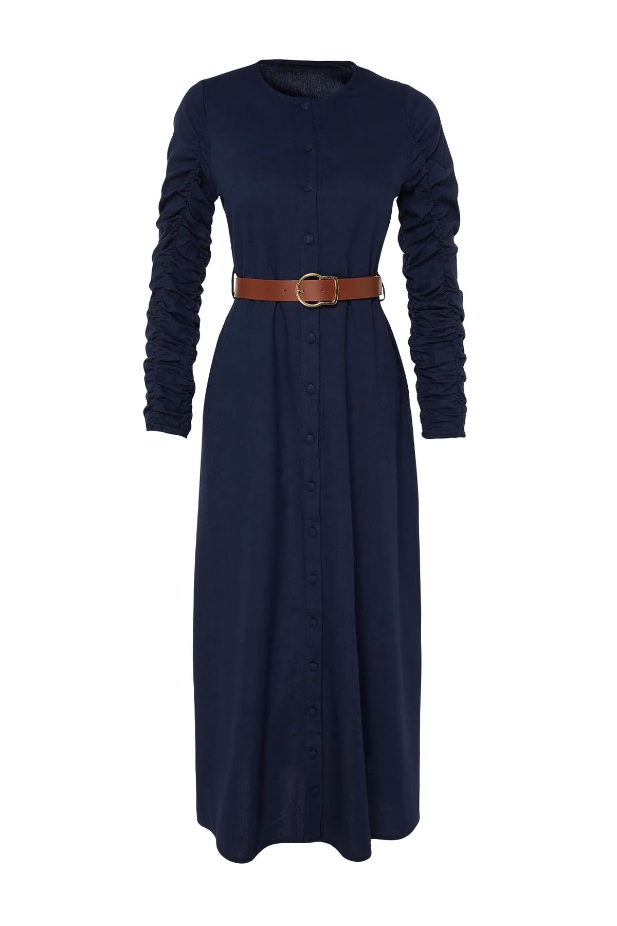 Trendyol Modest  Marineblaues Hemdblusenkleid aus gewebtem Leinengemisch mit Gürtelärmeln, gerafften Taschen und Details TCTSS23EB00152