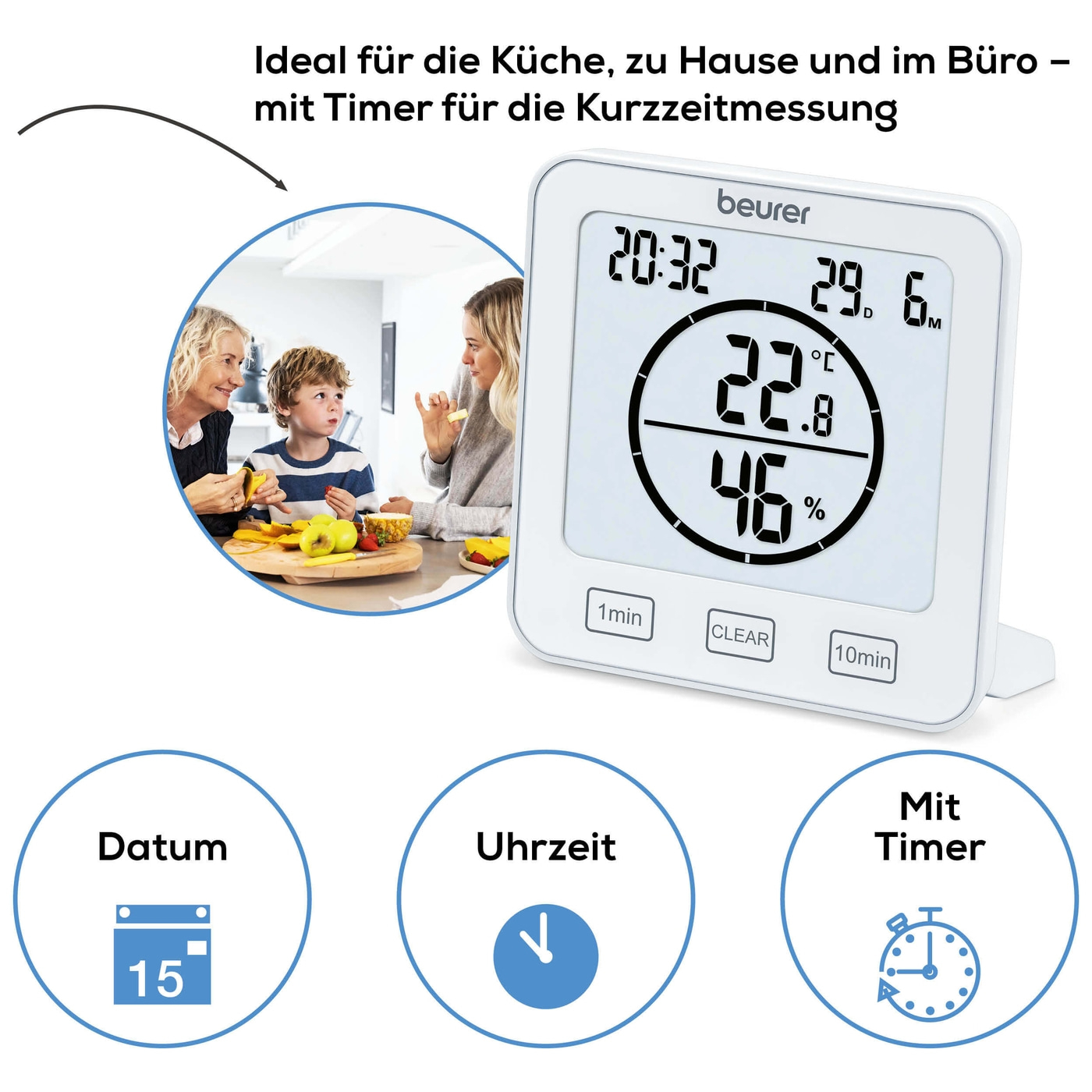 Beurer Thermo-Hygrometer HM 22-Ideal für die Küche, zu Hause und im Büro