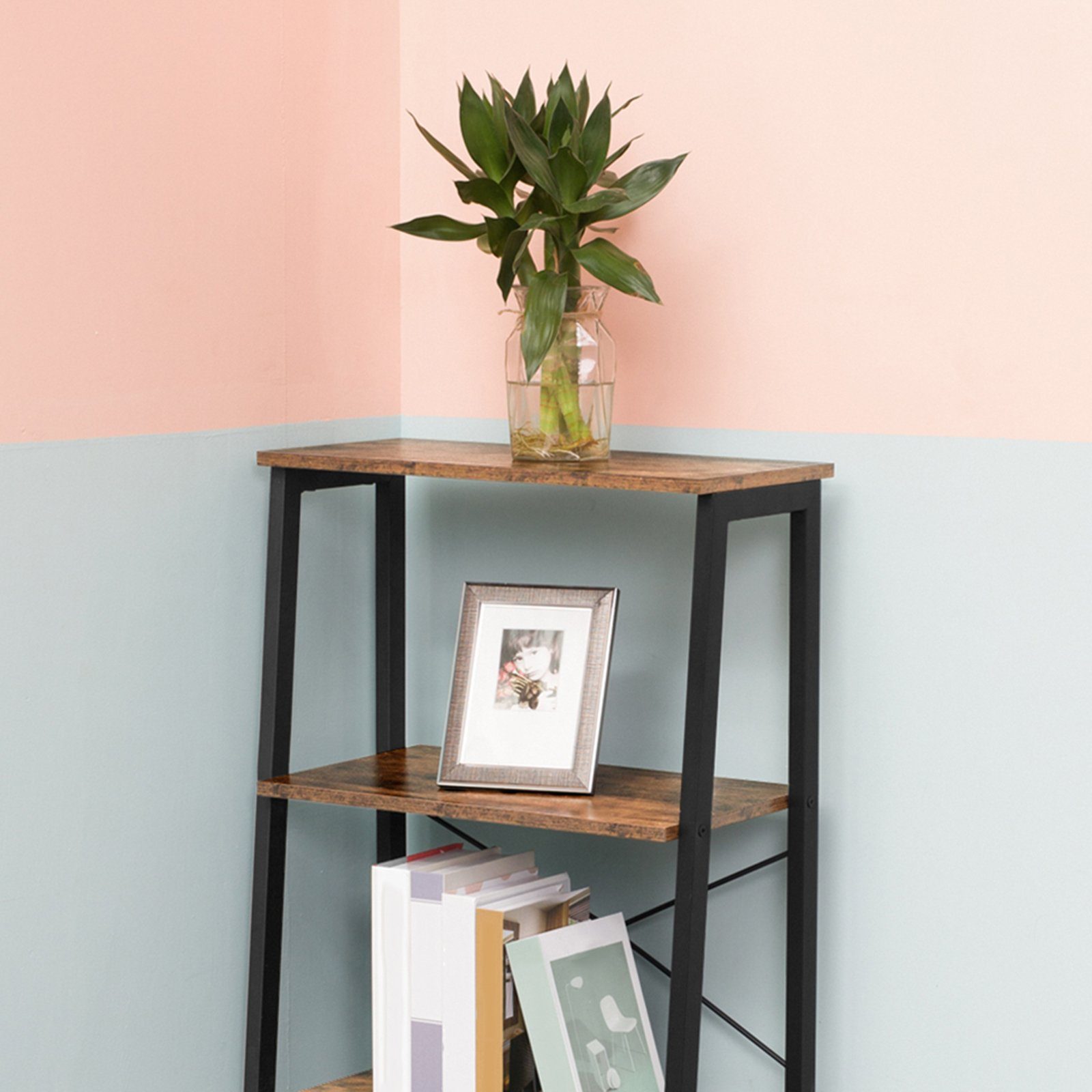 BERLINLODGE® Bücherregal Bronx, Leiterregal Standregal vintage-braun industry-style, für Wohnzimmer, Büro, Schlafzimmer, Küche