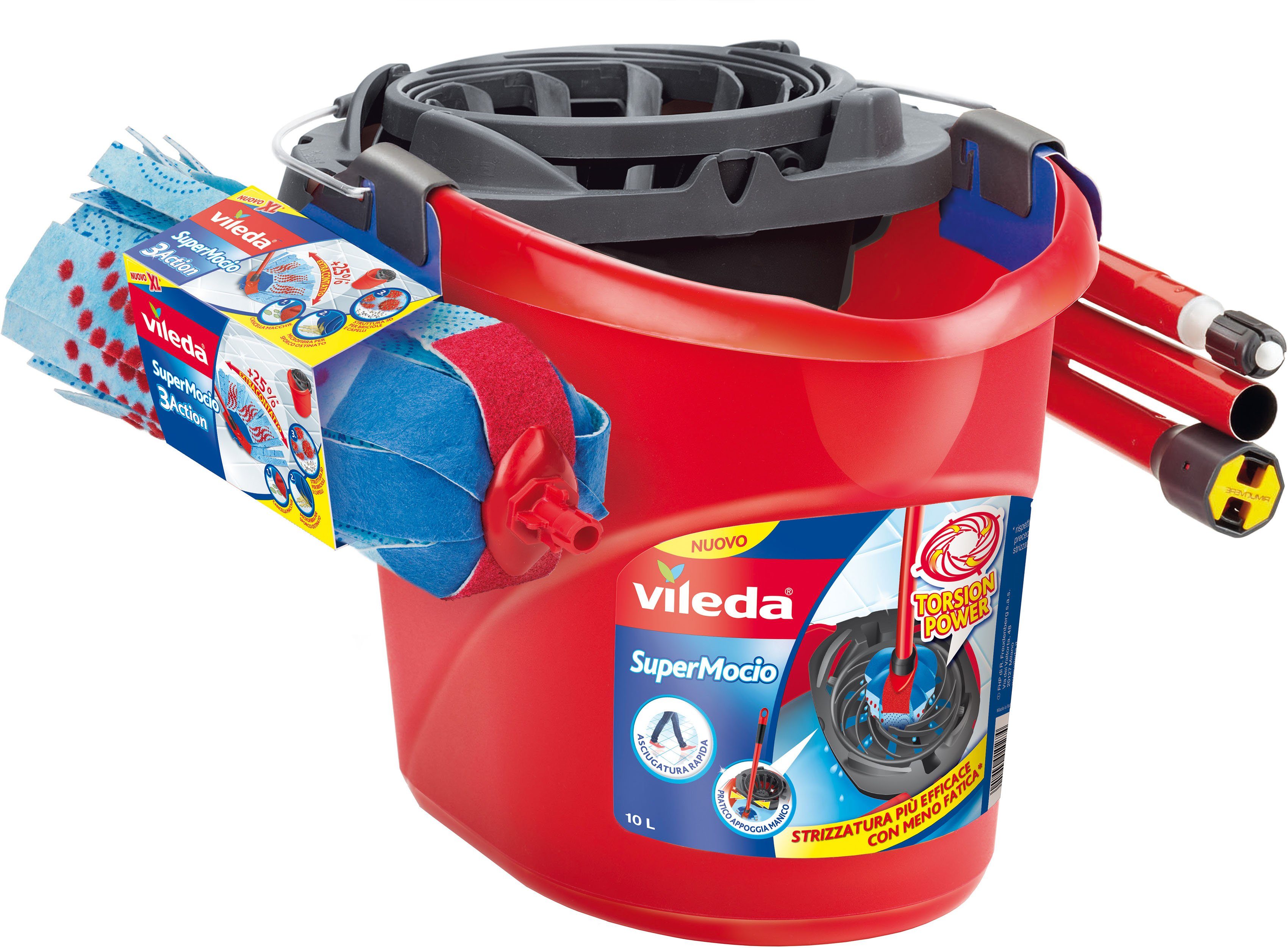 Vileda Bodenwischer-Set Supermocio 3Action Completo (Set, 2-St), (Eimer, Wischmop und dreiteiliger Stiel (Mono-Click)