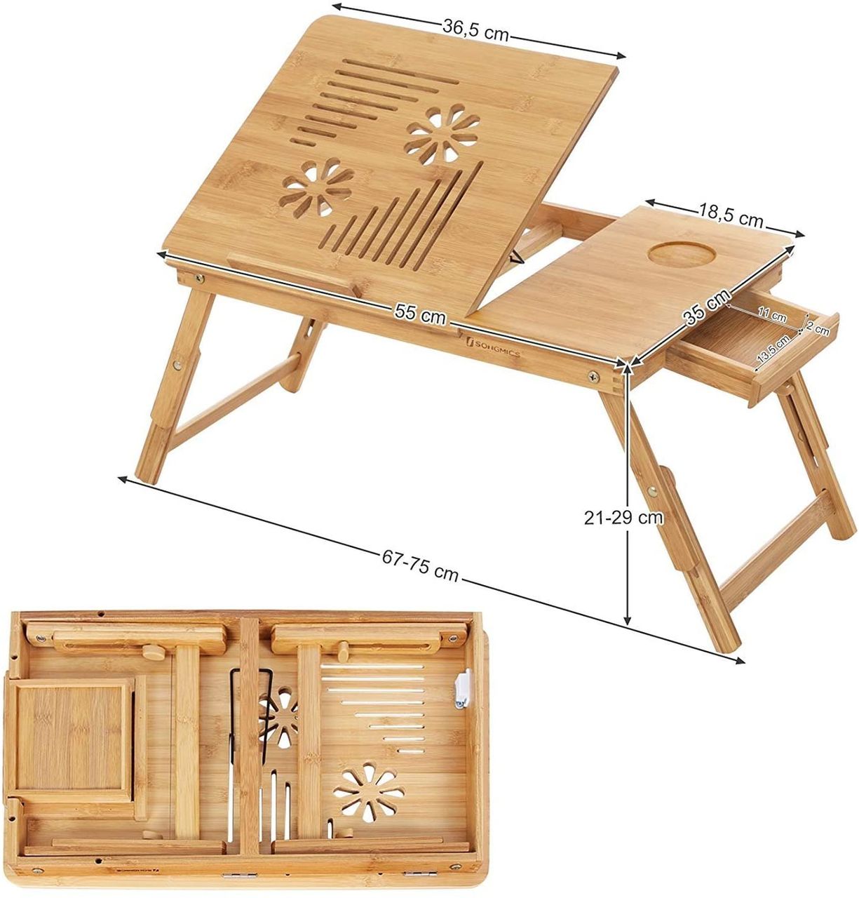 Songmics Laptop-Schreibtisch aus Bambus, mit 5 Neigungswinkeln