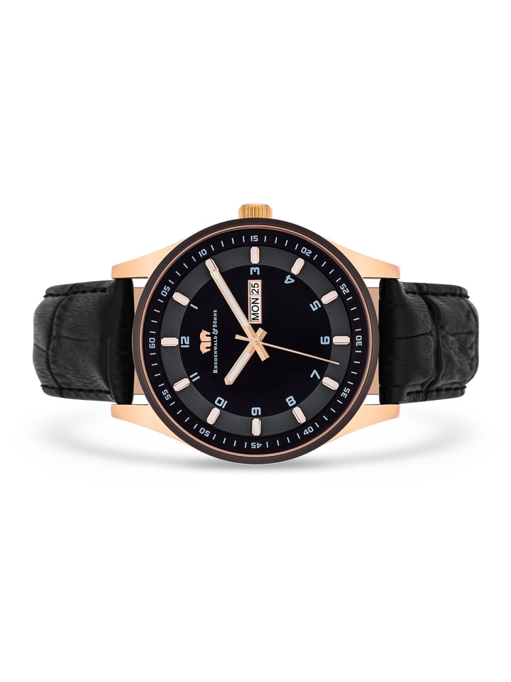 Rhodenwald & Söhne Herren Quarzuhr roségold Echtleder schwarz in schwarz günstig kaufen 20 cm