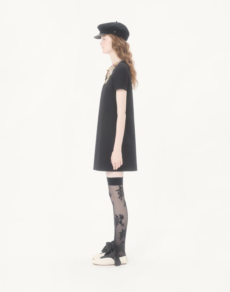 Vestido curto de crepe bordado de alta costura