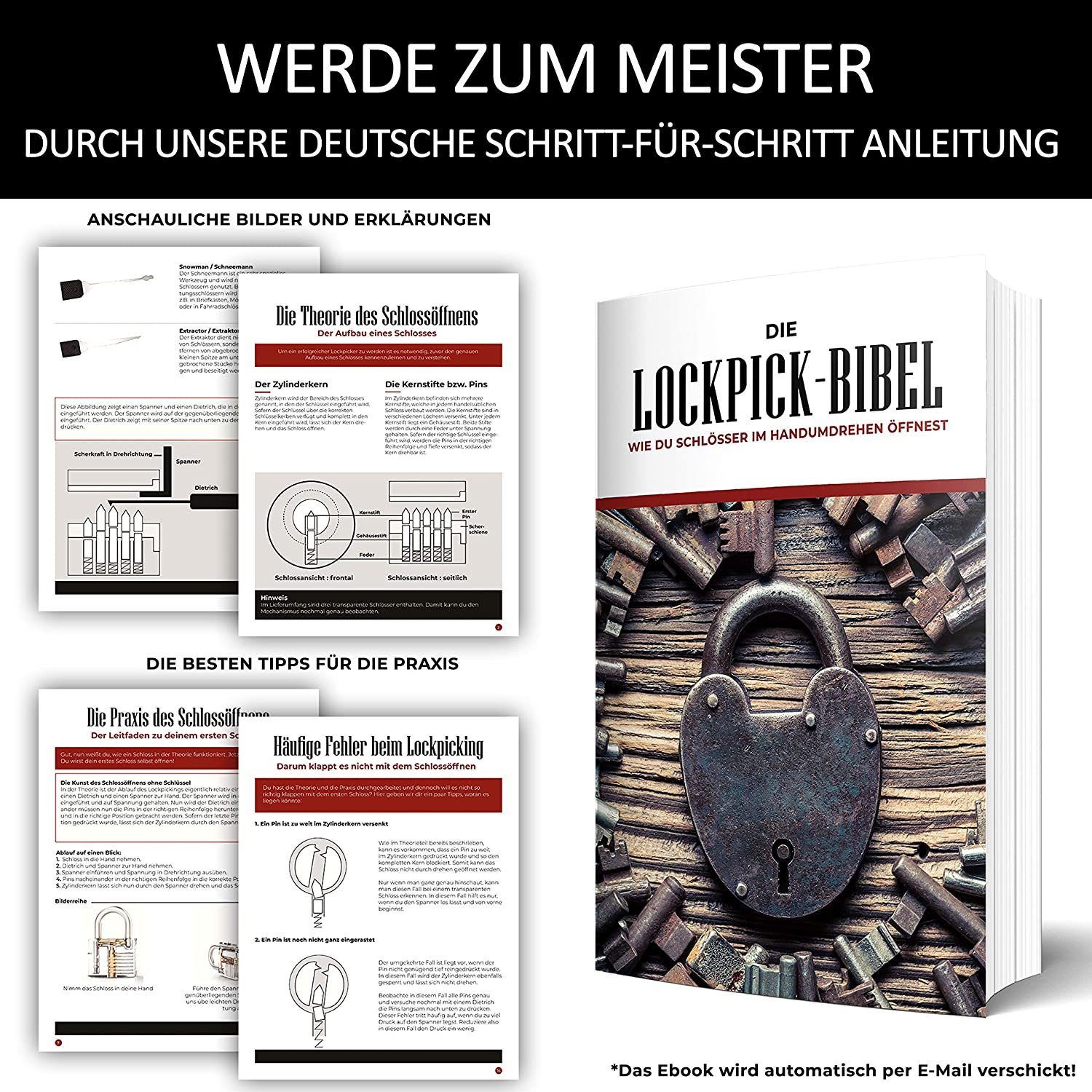Meistergut Vorhängeschloss Lockpicking Set XXL Profi 24-teilig, 3 Schlösser & Anleitung, (22-tlg., 30 Teiliges Set), Schlüssel entsperren