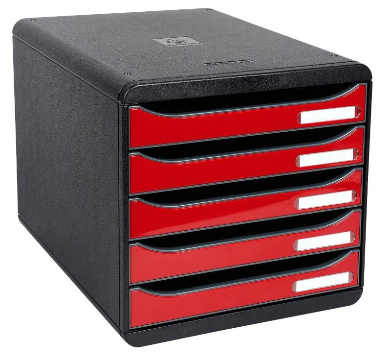 Exacompta Schubladenbox mit 5 Schubladen Big Box Plus Kunststoff Glänzendes Schwarz, Rot 27,8 x 34,7 x 27,1 cm