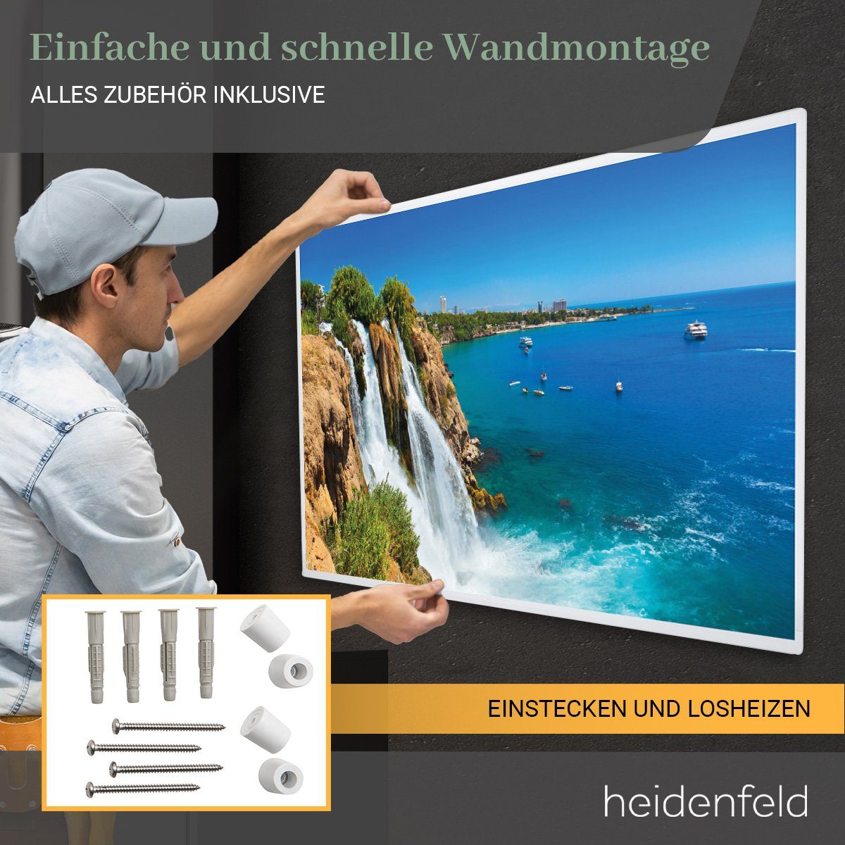 Heidenfeld Infrarotheizung Elektroheizung HF-HP105 Welle mit Thermostat & Fenster-Auf-Erkennung, 300 - 1000 W Infrarot Wand Bild Heizung Heizkörper - 10 J. Garantie