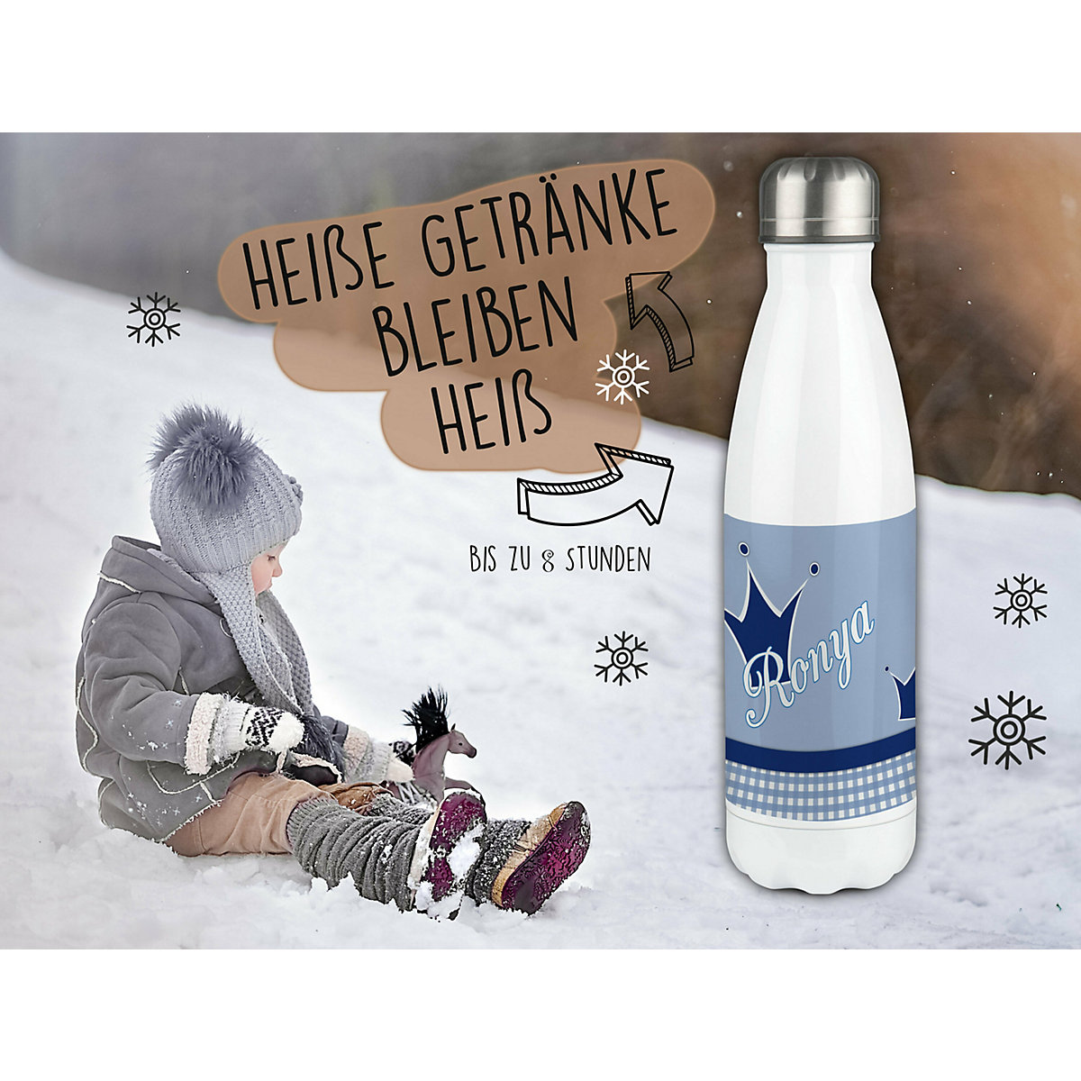 Edelstahl Kinder Thermoflasche / Trinkflasche bunt Krone Farbe blau Spülmaschinenfest, Auslaufsicher, Bruchfest, Doppelwandig, Für Heißgetränke geeignet, Mit Deckel, Isoliert