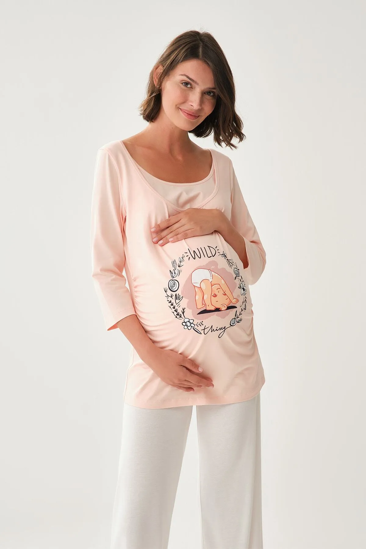 Dagi  Rosafarbenes, langärmliges Umstands-T-Shirt aus Baumwolle mit U-Boot-Ausschnitt