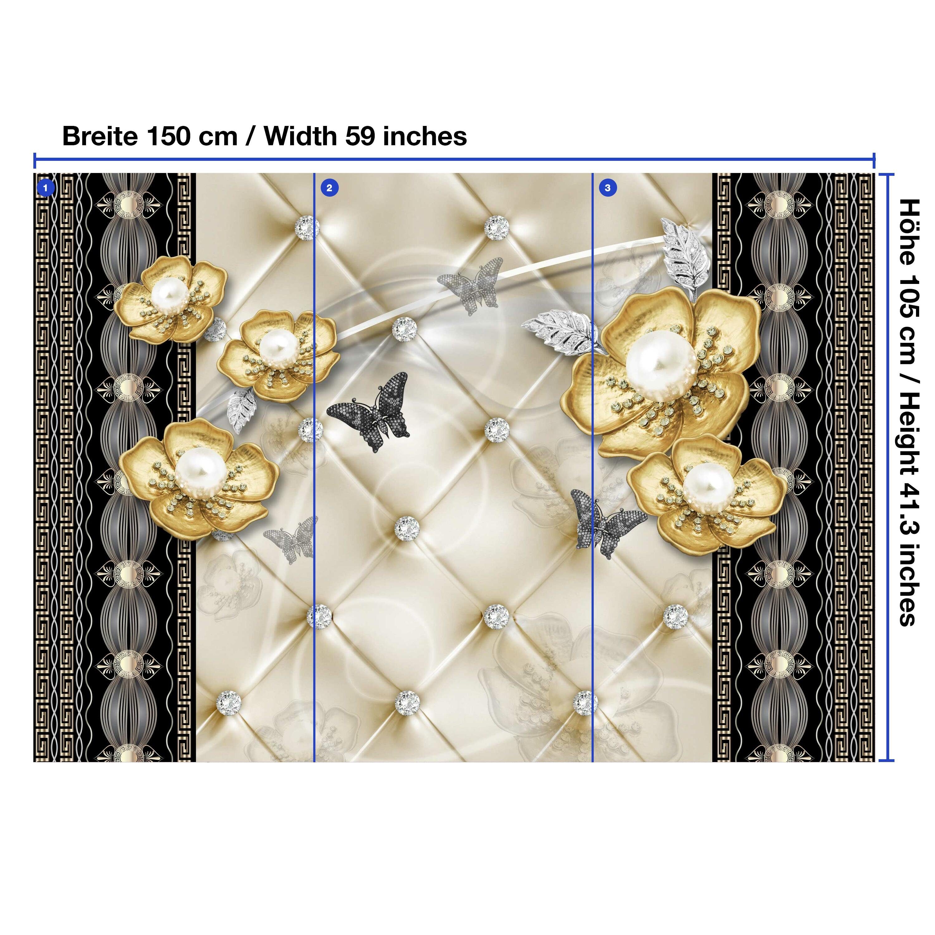 wandmotiv24 Fototapete Goldenen Blumen Silber Schmetterlinge, glatt, Wandtapete, Motivtapete, matt, Vliestapete