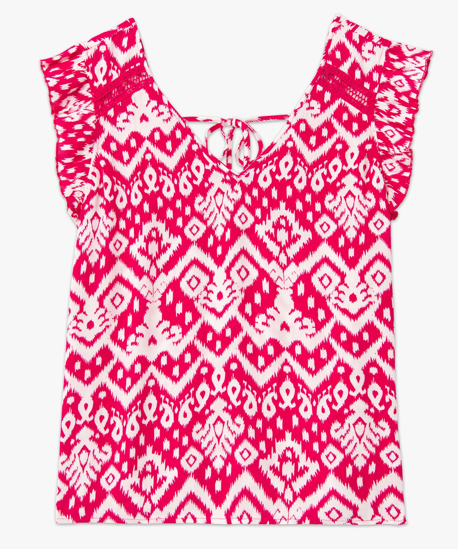 Blouse femme sans manches look boho à volants et dentelle imprime | GEMO