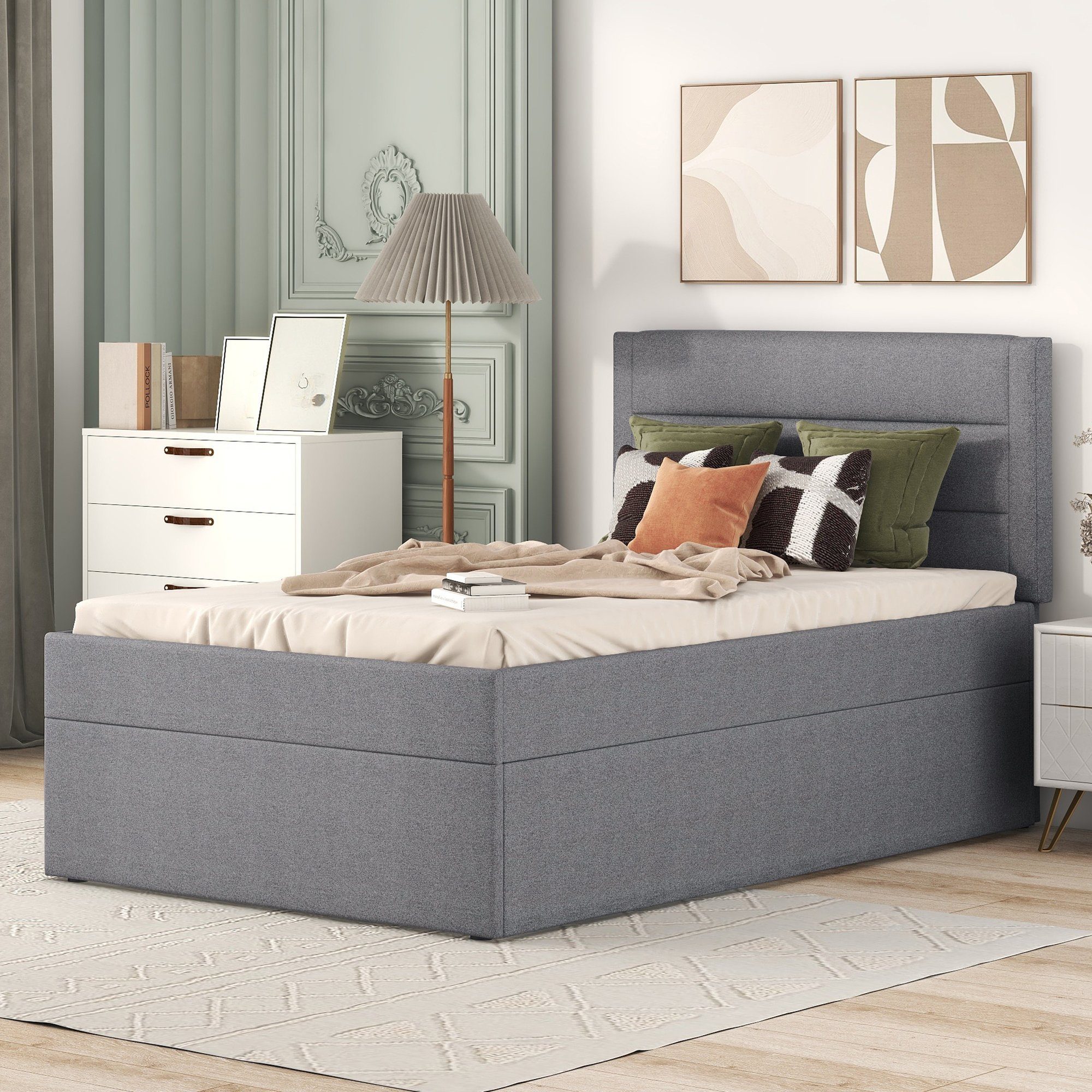 Flieks Polsterbett, Boxbett Einzelbett mit Stauraum Leinen 90x200cm