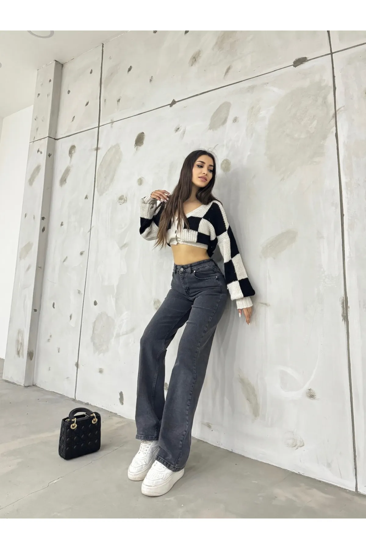 BİKELİFE  Geräucherte, dehnbare Lycra-Jeans mit weitem Bein und hohem Bund für Damen