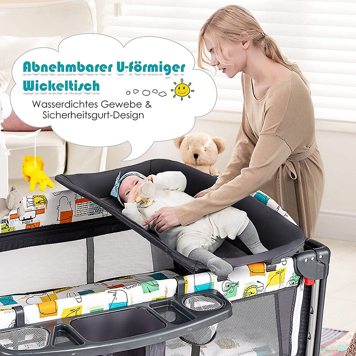 Reisebett 5 in 1 mit Wickeltisch & Spielzeug & Musikbox