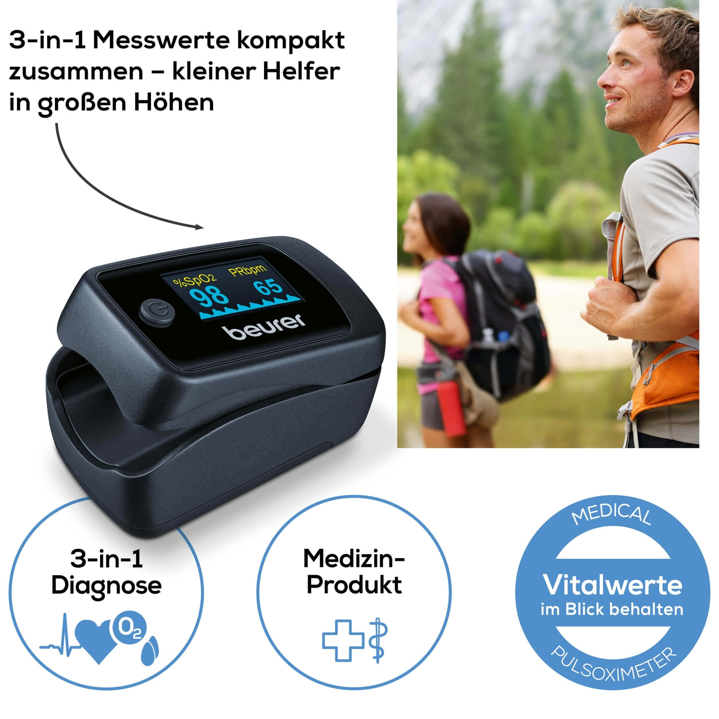 Beurer Pulsoximeter PO 45-Pulsoximeter zur Messung von Sauerstoffsättigung, Herzfrequenz & Durchblutungswert
