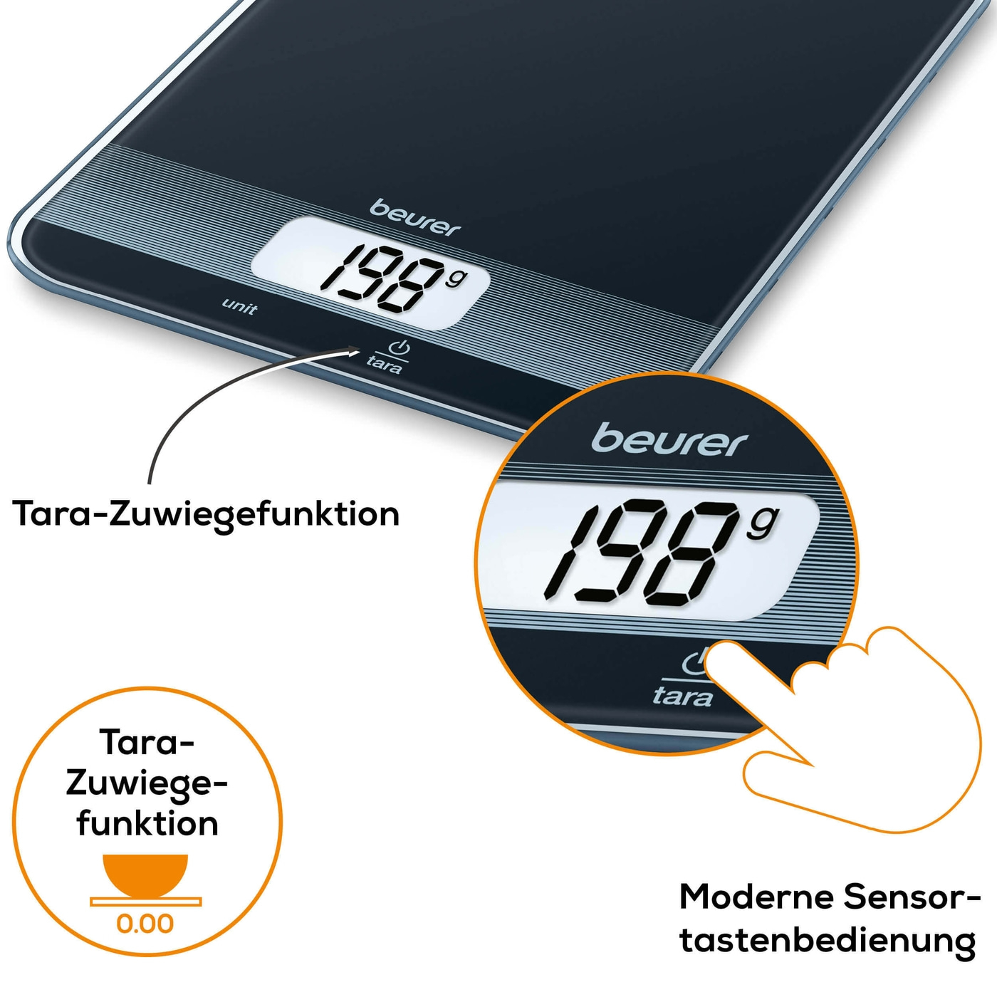 Beurer Küchenwaage KS 19 Black-Küchenwaage mit edler, schwarzen Glasoberfläche & Tarafunktion