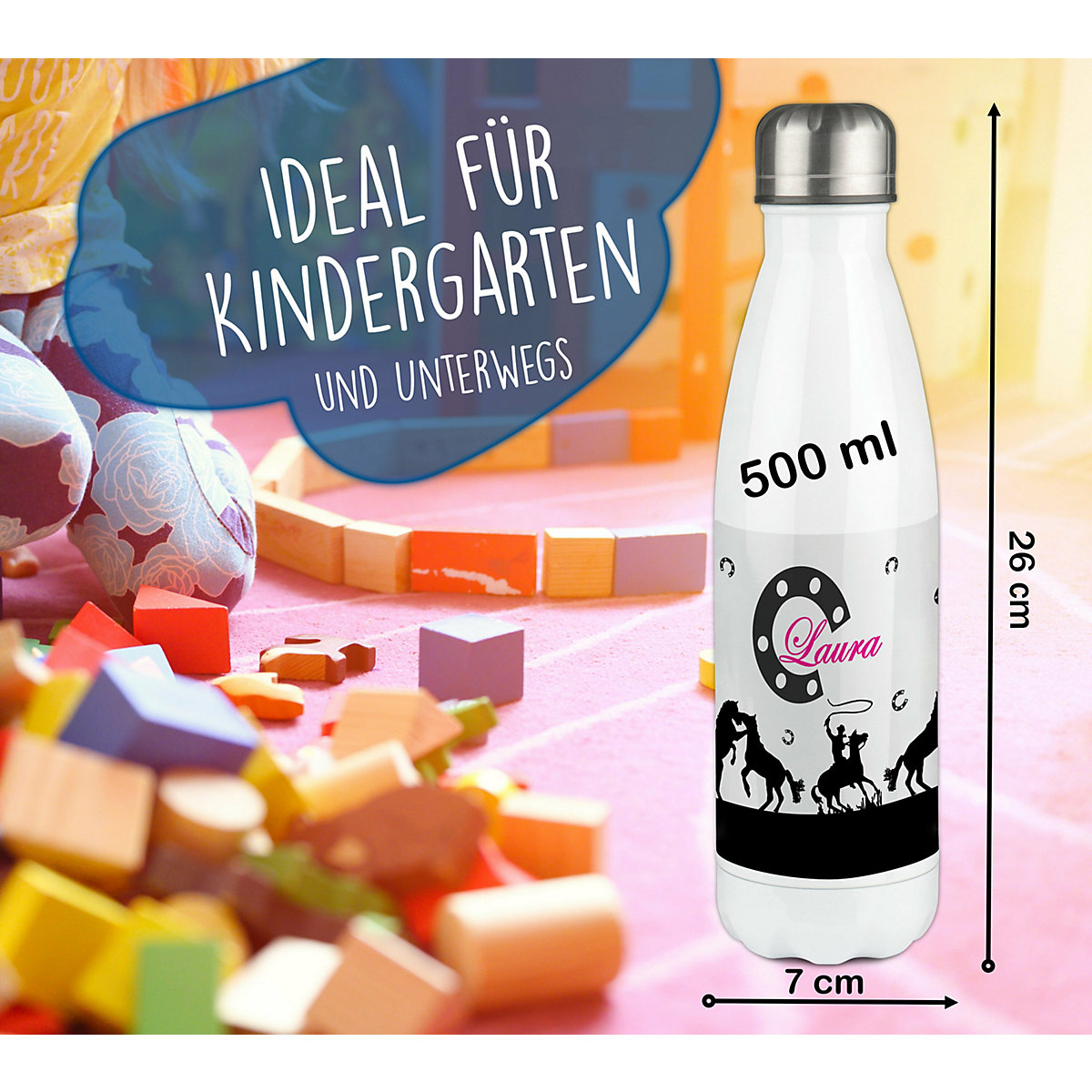 Edelstahl Kinder Thermoflasche / Trinkflasche bunt Pferd-Cowboy schwarz Spülmaschinenfest, Auslaufsicher, Bruchfest, Doppelwandig, Für Heißgetränke geeignet, Mit Deckel, Isoliert
