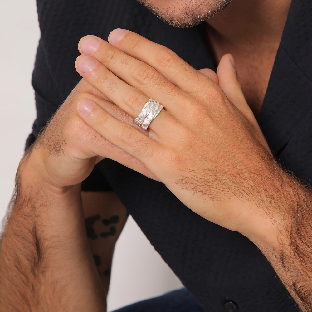 KUZZOI KUZZOI Bague Plume pour homme Déclaration Chunky Vintage Trend Solide en argent s Bague