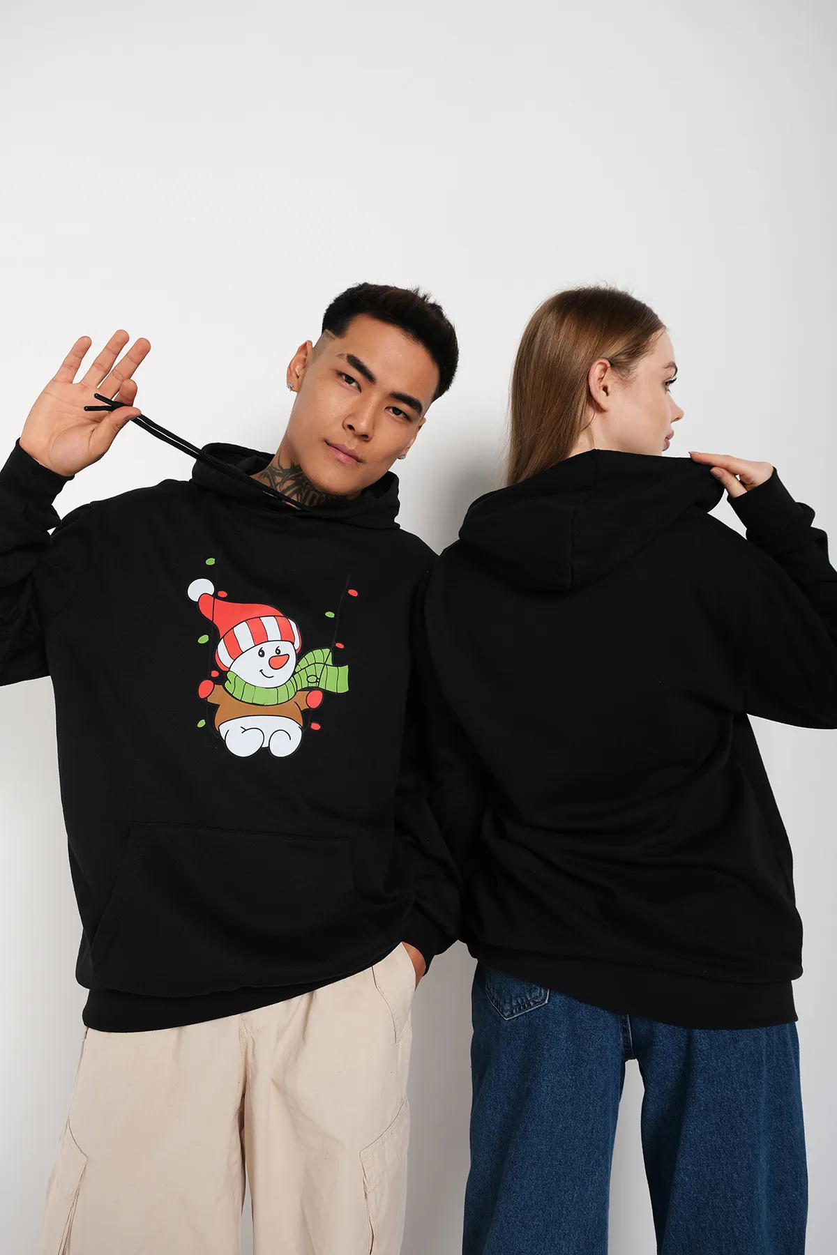 Know  Schwarzer Unisex-Sweatshirt mit doppeltem Neujahrs-Schneemann-Aufdruck, Oversize-Kapuzenpullover