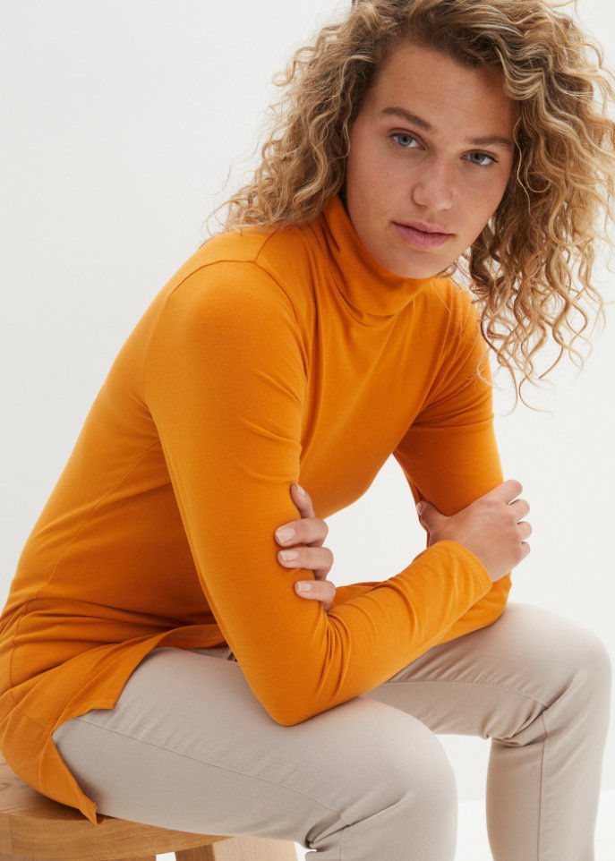 Baumwoll-Stretch-Longshirt mit Rollkragen und Seitenschlitz, Soft-Touch