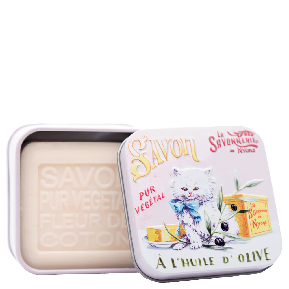 La savonnerie de nyons Savon 100g Fleur de Coton et Boîte Métal Chat Persan Savon