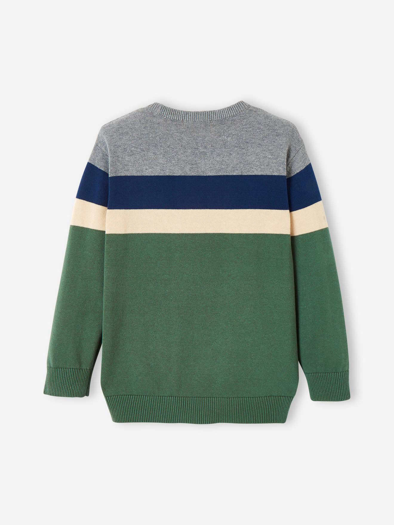 Pull colorblock rayé garçon maille fine raye vert