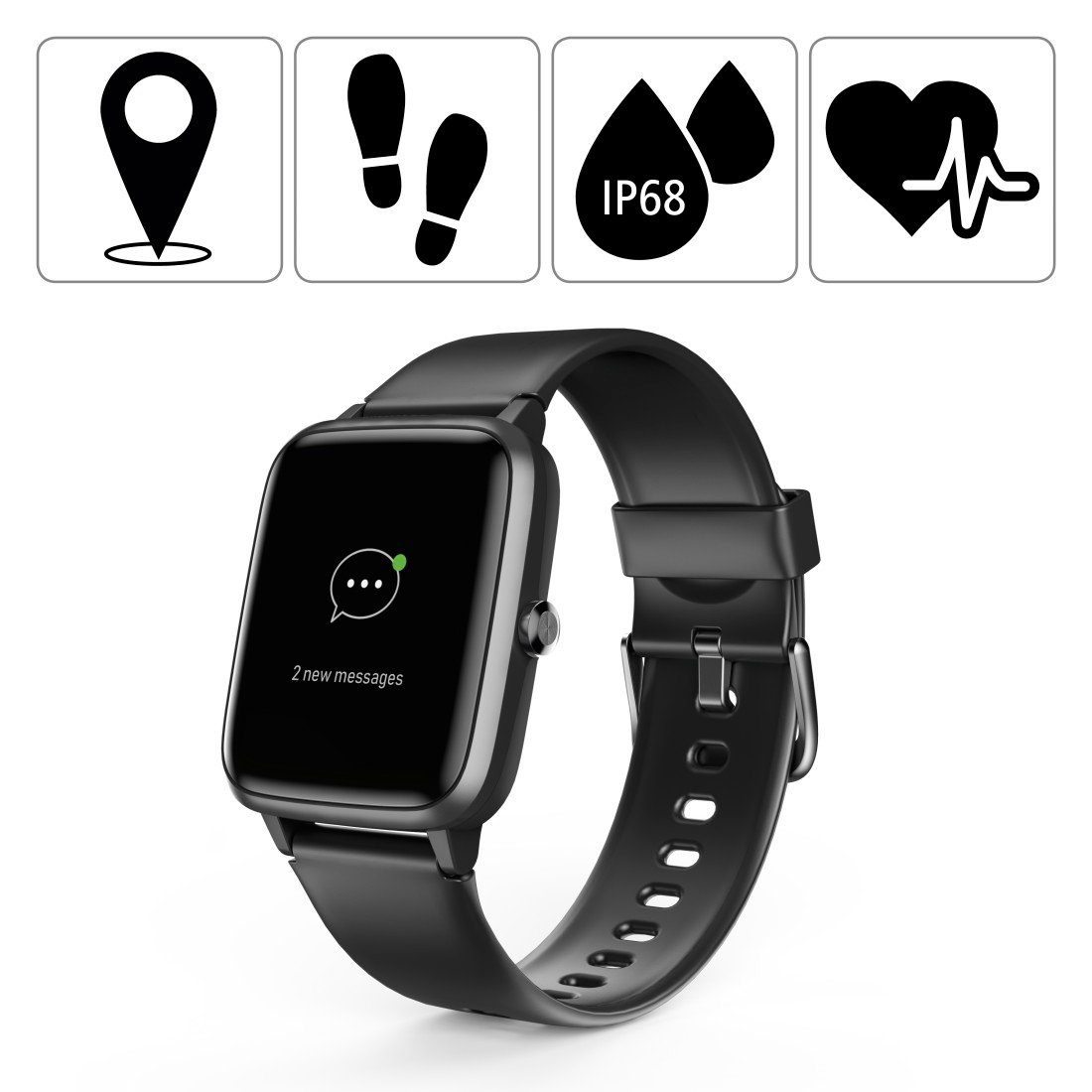 Hama Fitnesstracker wasserdicht GPS Herzfrequenz Kalorien Schritte Timer Smartwatch (3,3 cm/1,3 Zoll), Messung von Schlaf,Tempo,Trainingszeit, Wecker, Musiksteuerung, Wetter
