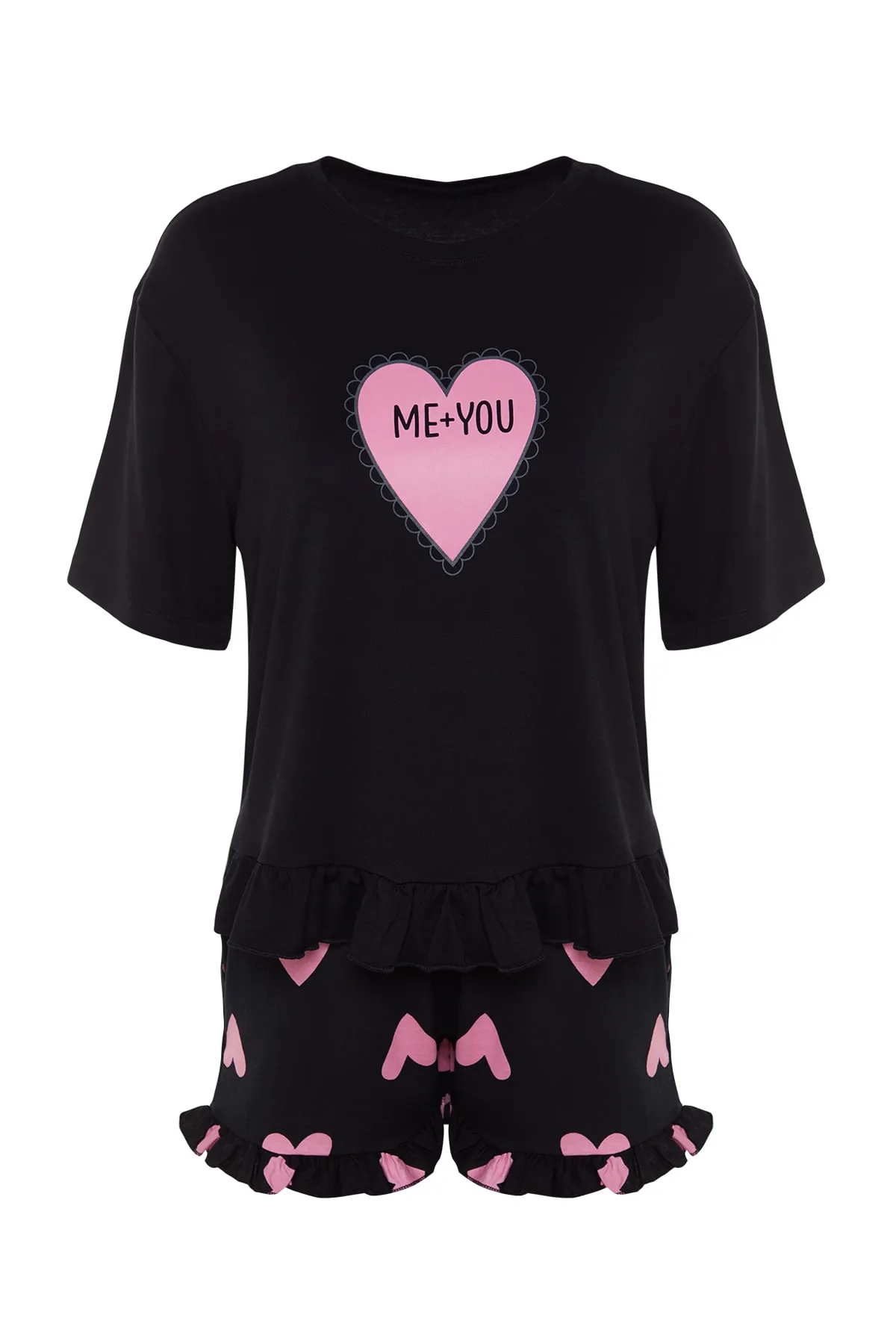 Trendyol Collection  Schwarzes Pyjama-Set aus T-Shirt und Shorts aus 100 % Baumwolle mit Herzmuster und Rüschendetail THMSS21PT0467