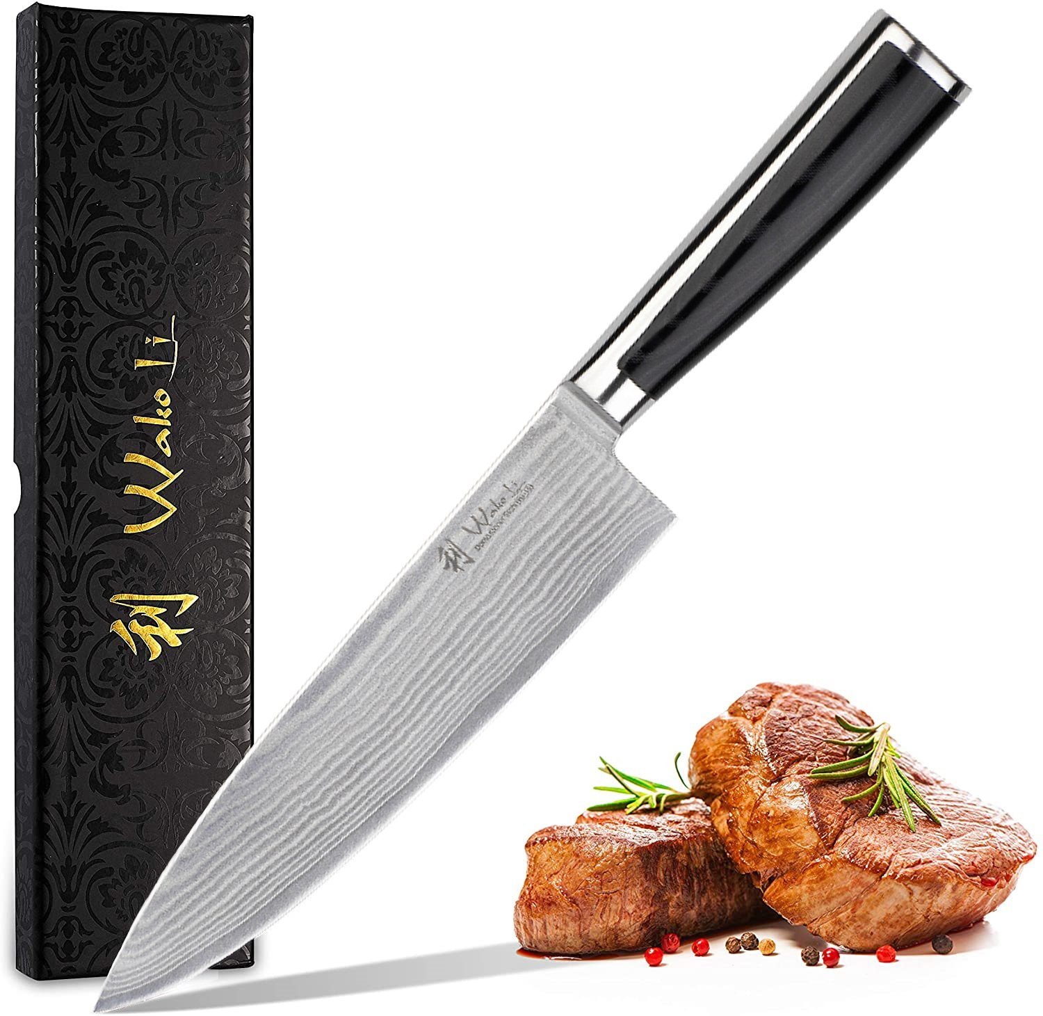 Wakoli Kochmesser Damast Chefmesser, Klinge 20,00 cm Länge Mikatagriff - Serie Migan