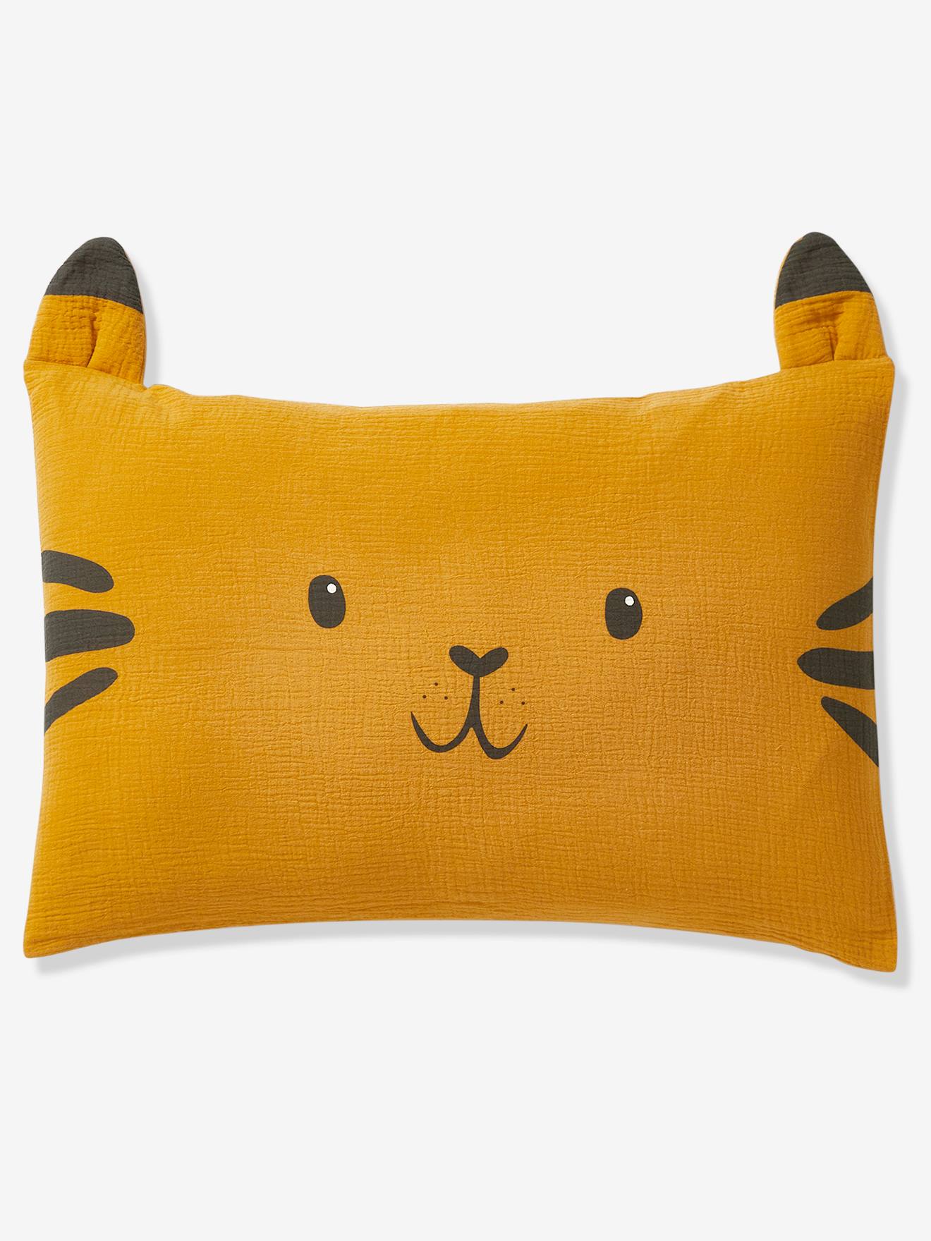 Taie d'oreille bébé en gaze de coton Tigre HANOÏ jaune moyen uni avec decor