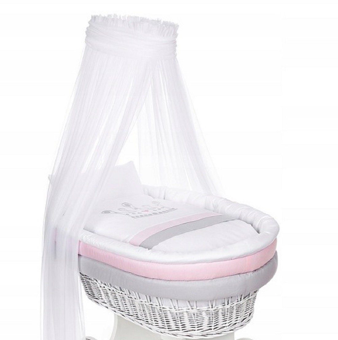 Babybettwäsche Baby Stubenwagengarnitur 7-tlg. KRONE rosa/blau/grau OHNE BETT, Babyhafen, mit Matratze
