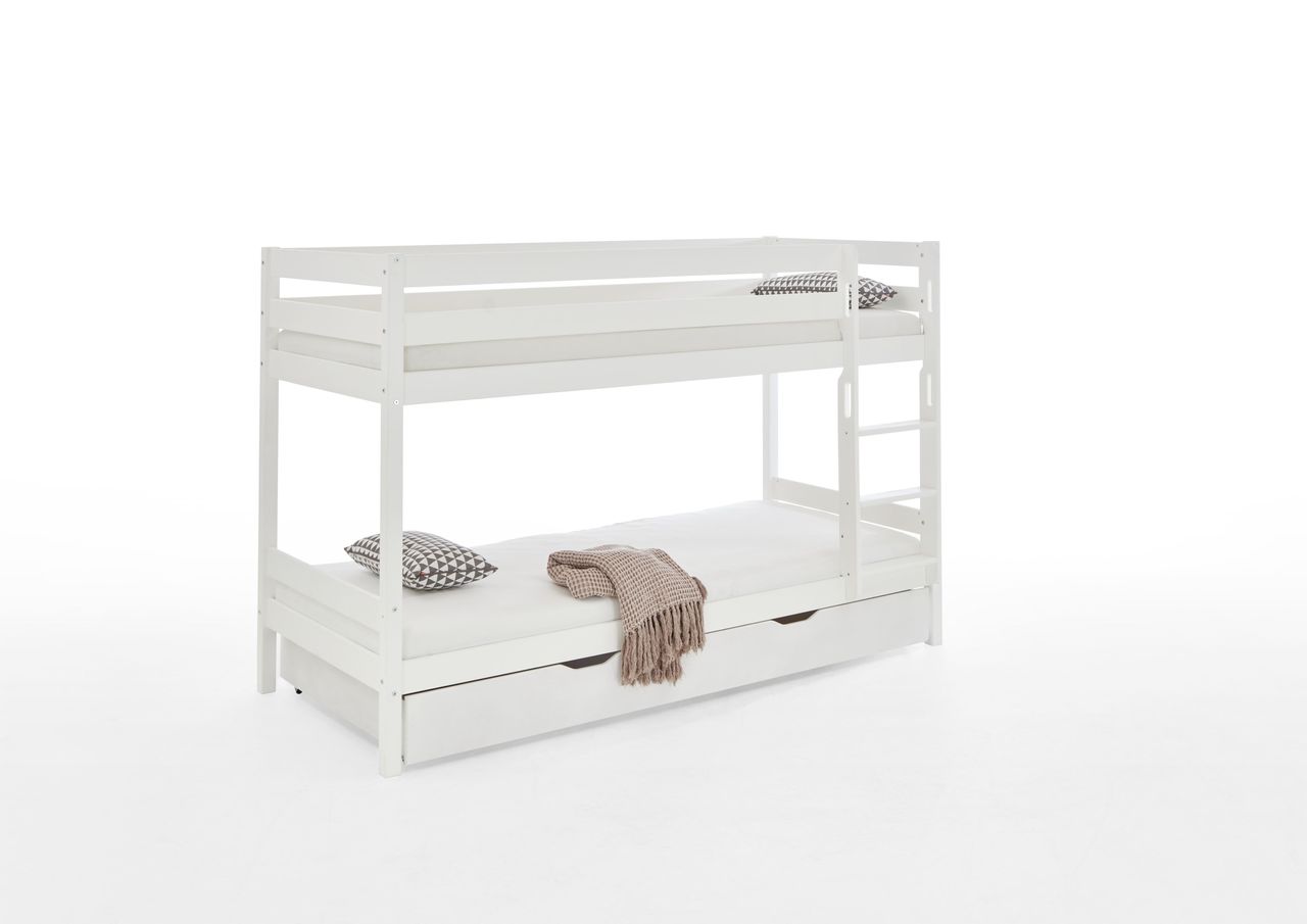 Relita Etagenbett Lupo mit 2 Liegeflächen 90 x 200 cm und Bettschublade, inkl. 2 Rolllattenroste, Buche massiv weiß lackiert