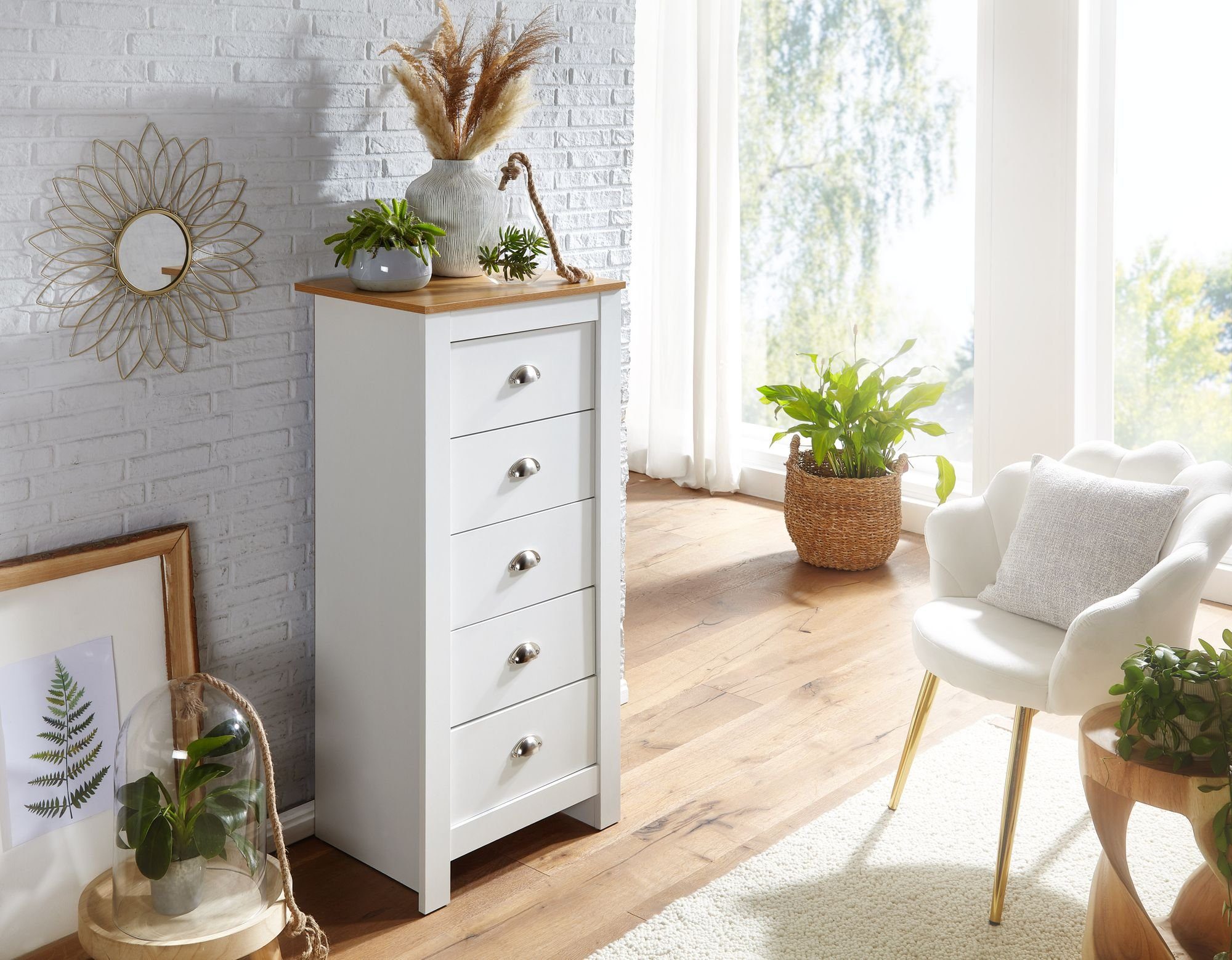 FINEBUY Kommode FB71920 (5 Schubladen 53x114x39 cm Sideboard Weiß / Eiche), Design Anrichte Modern, Schubladenkommode Hoch