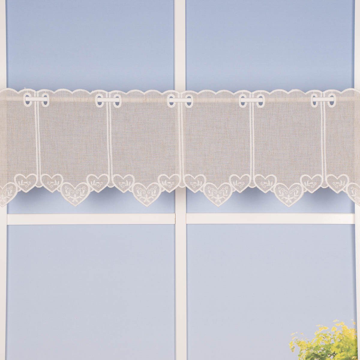 Meterware Scheibengardine Meterware Landhausgardine Stickerei Herzchen nähfrei, SCHÖNER LEBEN., halbtransparent, Polyester, bestickt