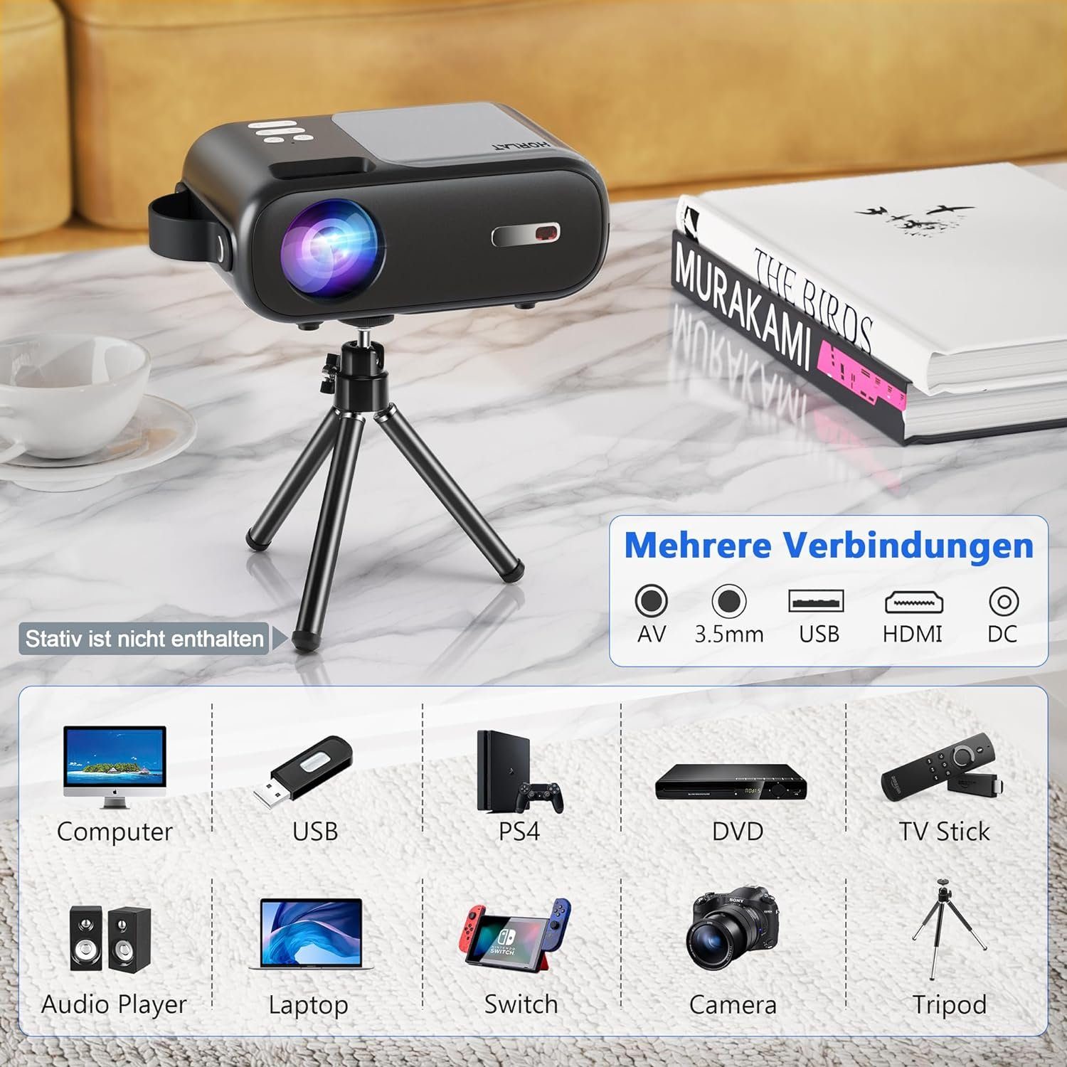 HORLAT Portabler Projektor (9000 lm, 720P px, Full HD 720P Projektor mit ±15° Trapezkorrektur, Heimkino Projektor)