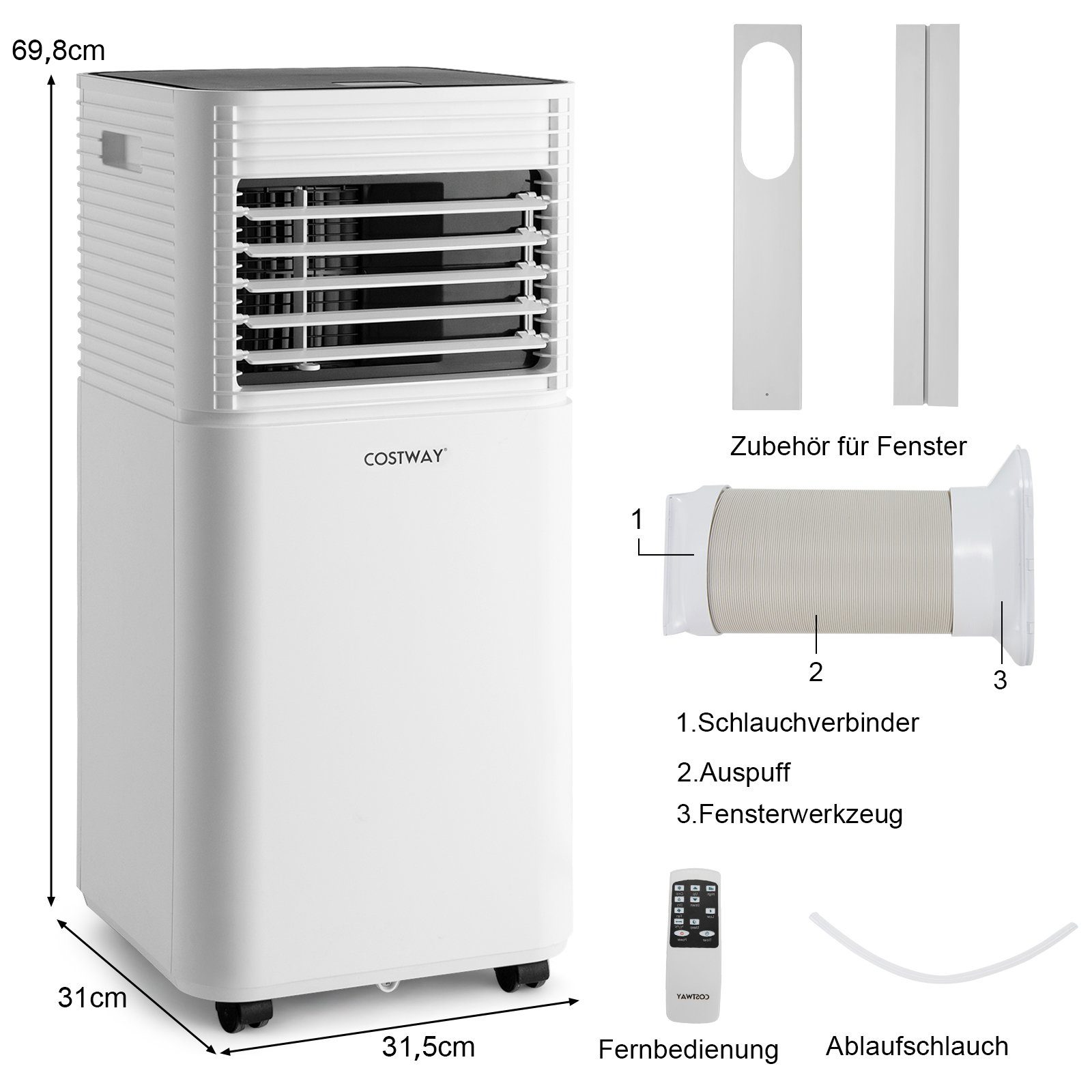 COSTWAY 3-in-1-Klimagerät, 9000BTU/2,6kW, für 52m³, Fernbedienung, 16℃-32℃