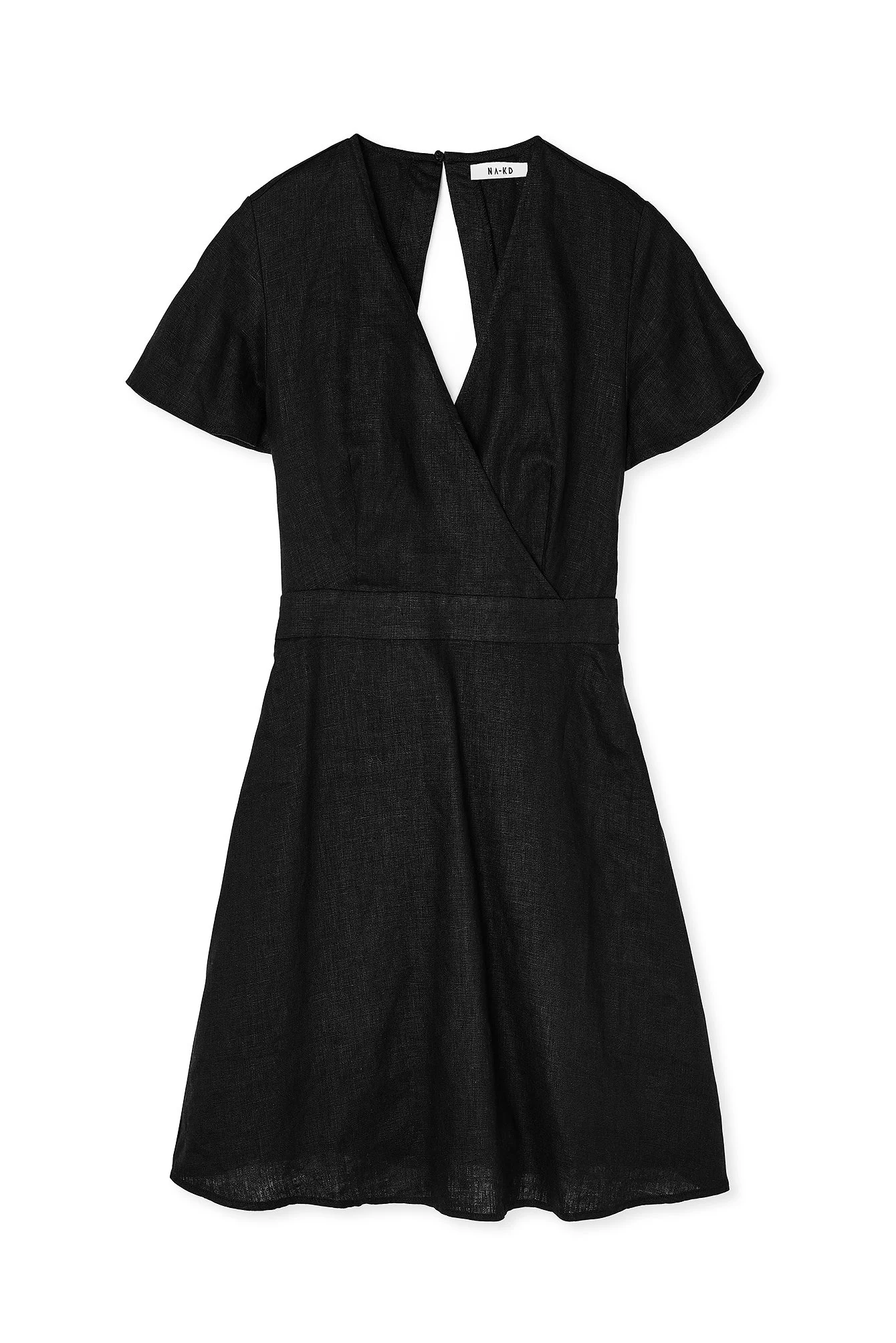 Fließendes Minikleid aus Leinen mit Bindeband hinten