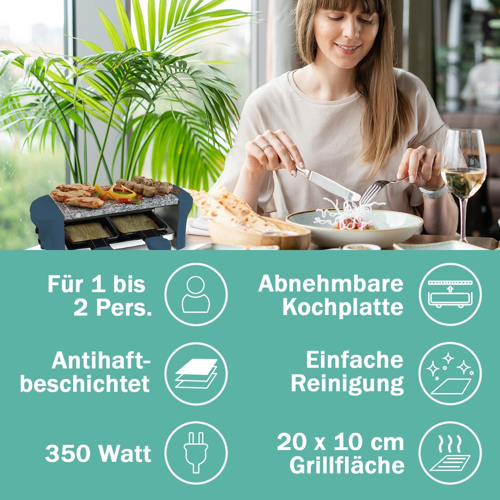 bmf-versand Raclette Raclette 2 Personen Tischgrill Elektrogrill Heißer Stein, 2 Raclettepfännchen, 350,00 W, Inklusive 2 Pfännchen, Ein-/Ausschalter, Naturgrillstein