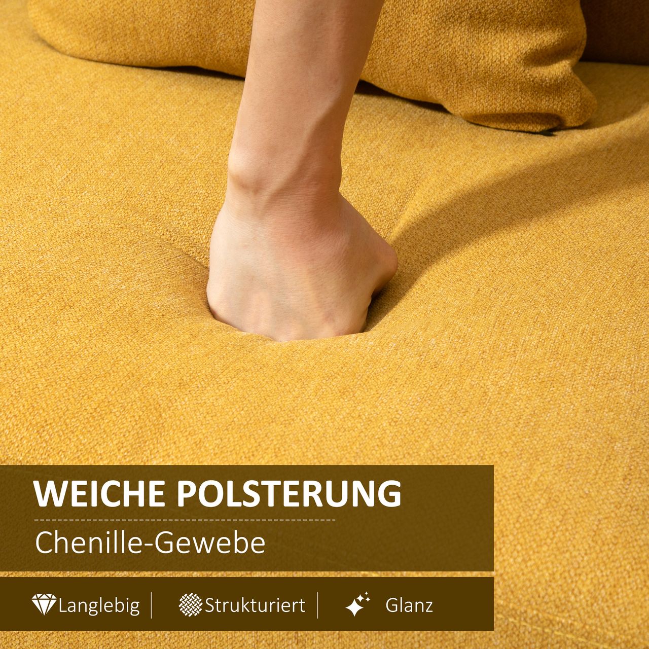 HOMCOM Doppelsofa Polsterung mit Kissen Stoff Loveseat kompaktes Design Moderne Zweisitzer einstellbare Höhe der Fußrasten samtartiges Polyester Gummiholz Schaumstoff Natur Gelb 130 x 70 x 80 cm