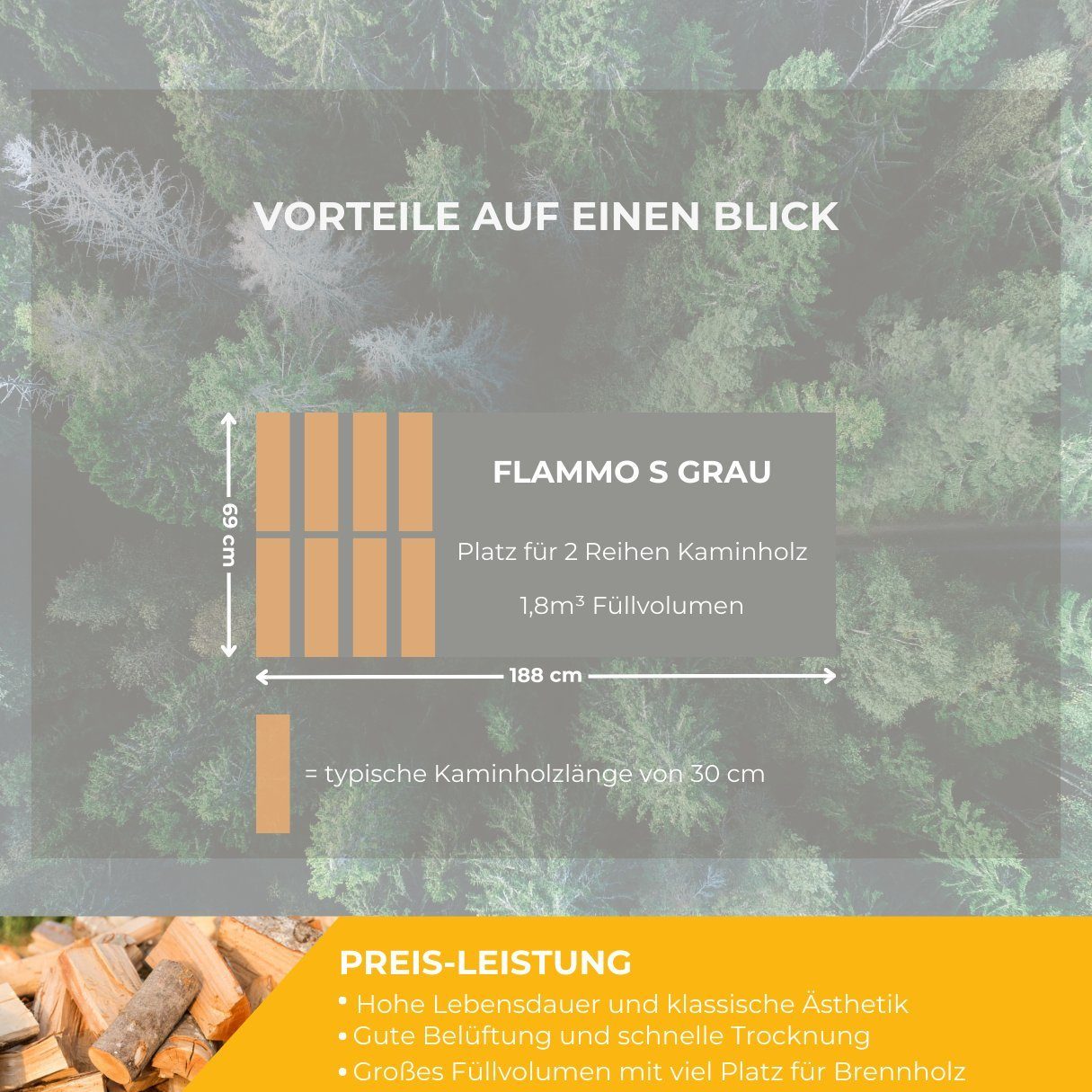 Mega-Holz Kaminholzregal Kaminholzregal FLAMMO S mit Rückwand, 188 x 69 x 183 (B x T x H)