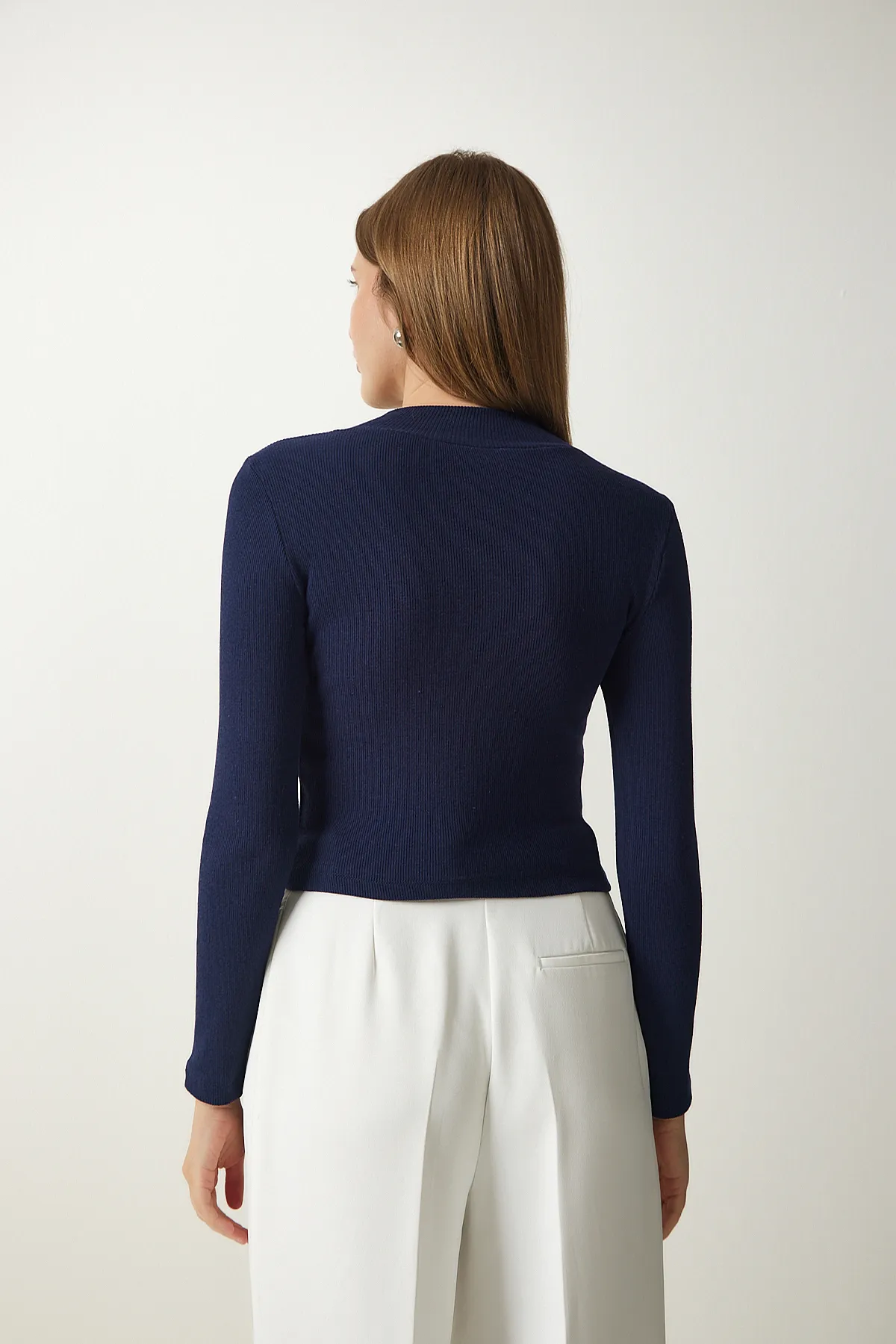 Happiness İstanbul  Marineblaue Strickbluse mit Reißverschlusskragen für Damen GT00045