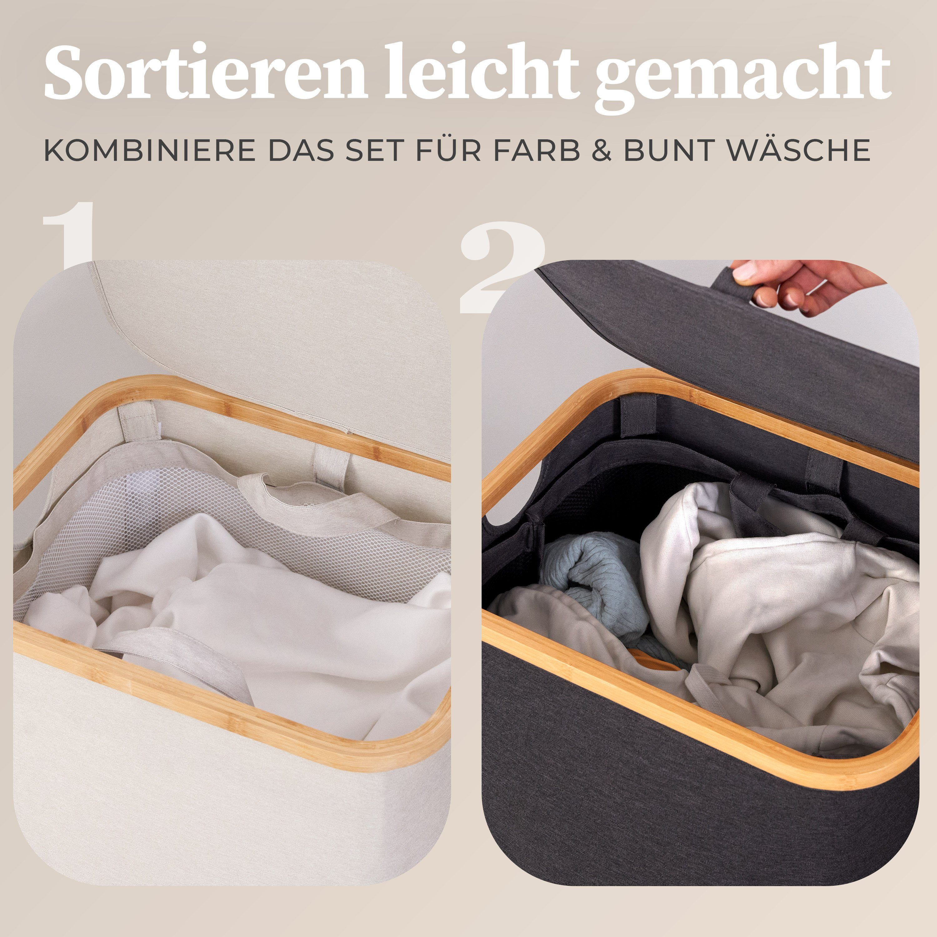 HENNEZ Wäschekorb 100L mit Deckel (Wäschekorb inkl. Wäschesack herausnehmbar), 1 Fach inkl herausnehmbarem Wäschesack Wäschesammler schmal mit Deckel