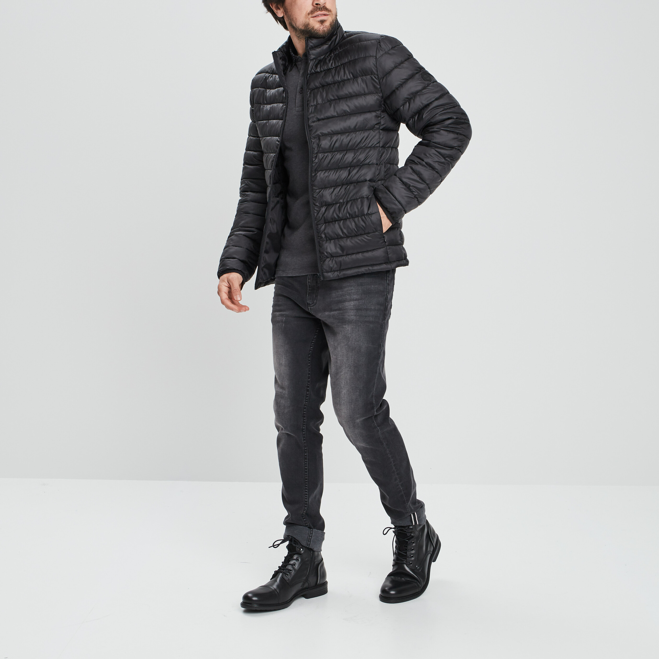 Doudoune droite légère col montant noir homme | La Halle