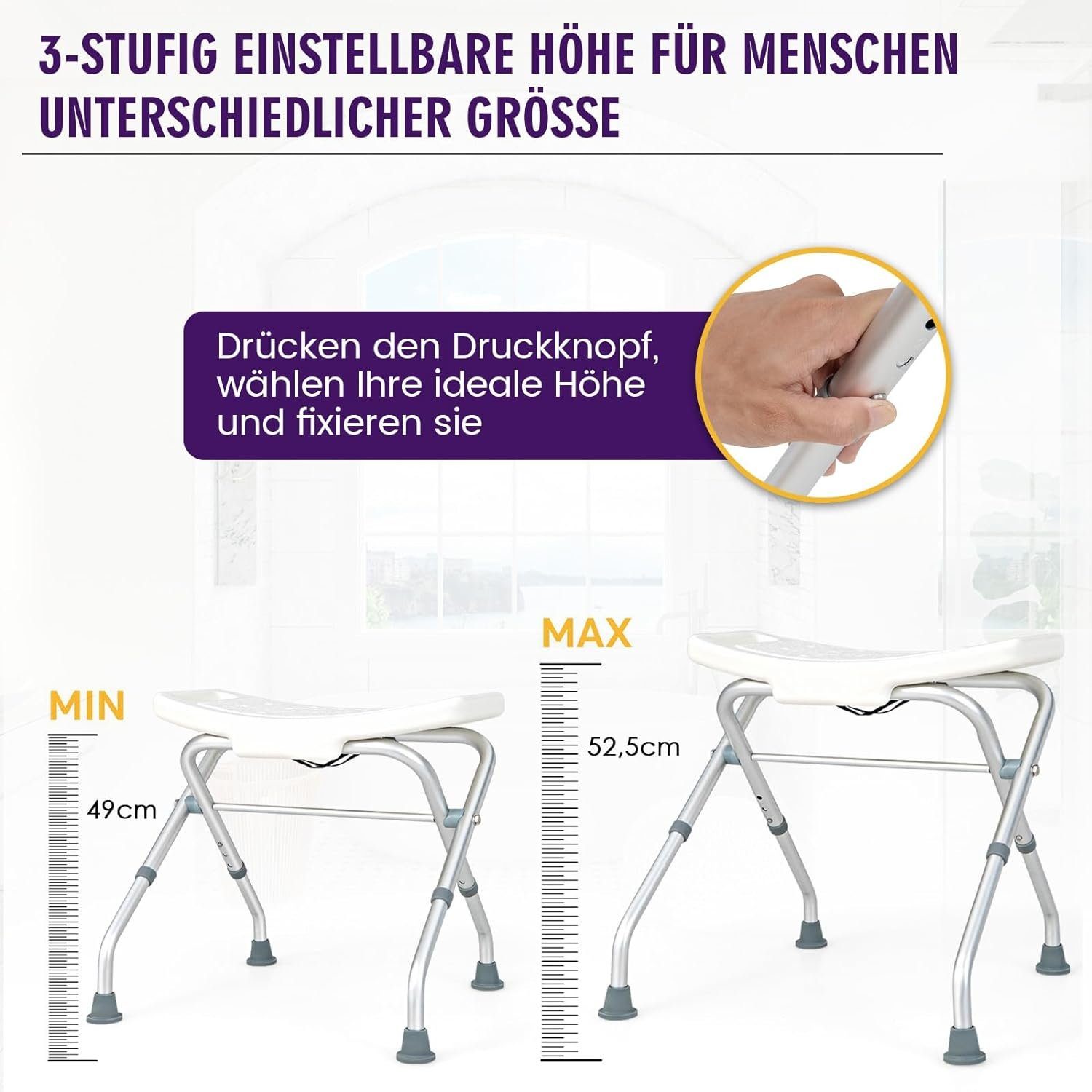 KOMFOTTEU Duschhocker Duschstuhl, belastbar bis 150,00 kg, höhenverstellbar & klappbar