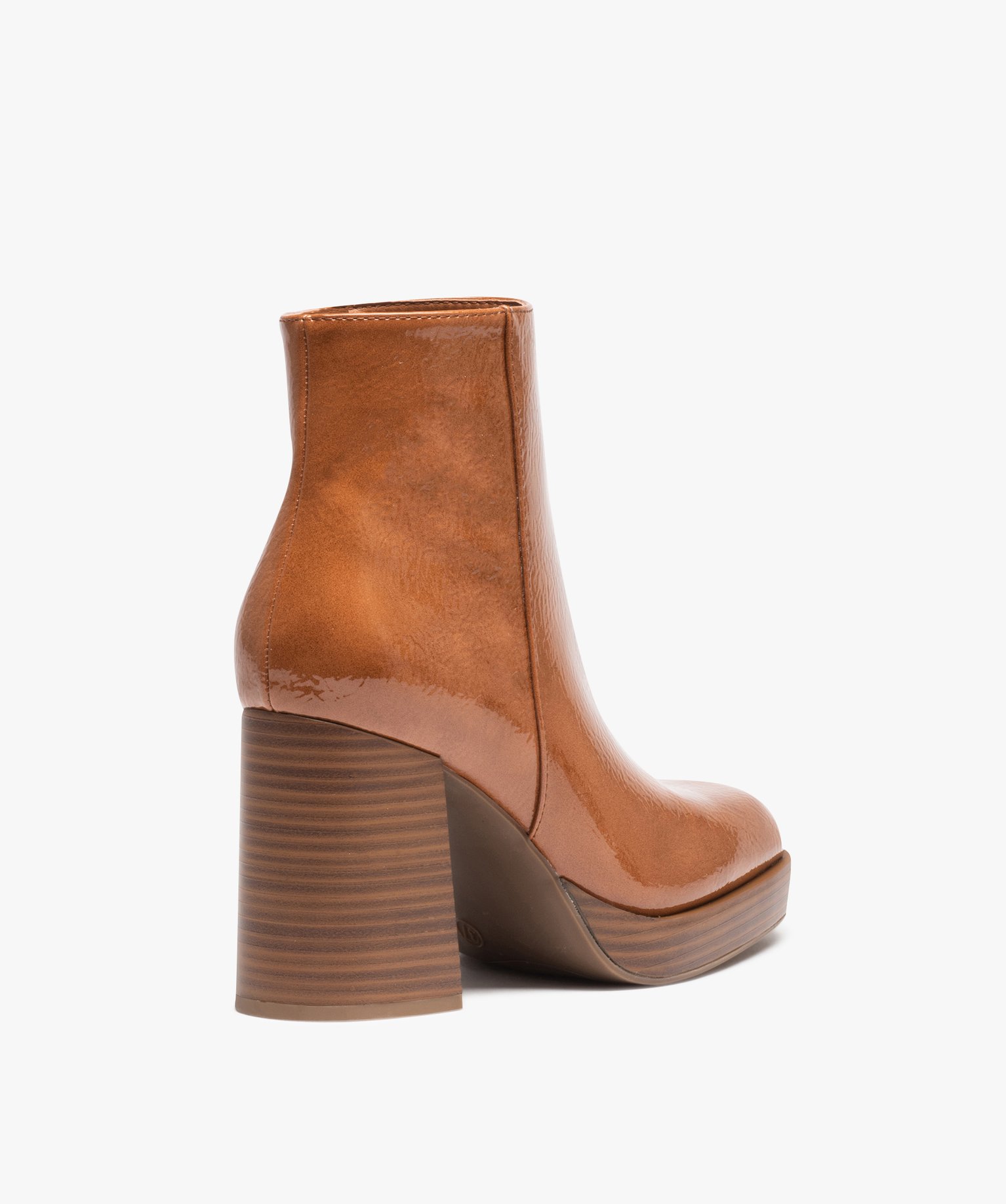 Boots femme vernies à talon haut avec bout carré camel | GEMO