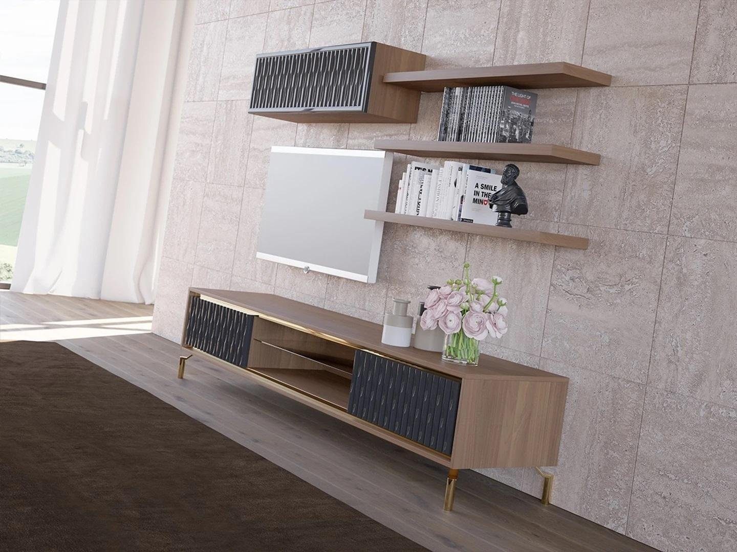 JVmoebel Wohnwand Komplett Wohnwand Wandschrank Holzmöbel Set 5tlg 3x Wandregale, (5-St., 1x TV-Ständer + 1x Wandschrank + 3x Wandregale), Made in Europa